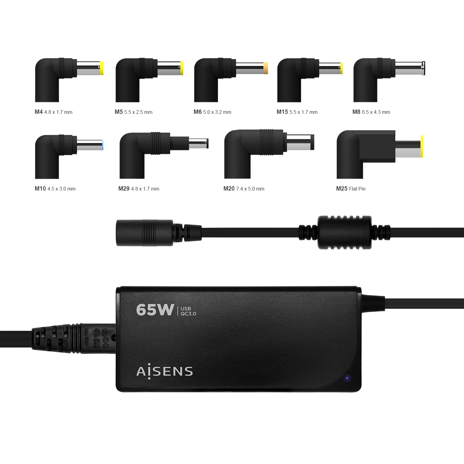 Una imagen muestra varias puntas de adaptador de corriente y un ladrillo de alimentación negro etiquetado 65W, USB QC3.0 y la marca AİSENS.