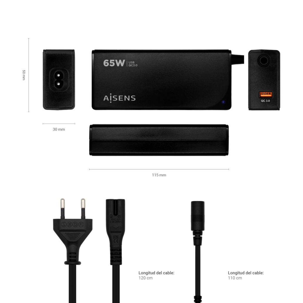 Cargador negro de 65W con cables y dimensiones. Incluye adaptador de corriente y varios tipos de cable. Las etiquetas indican las especificaciones.