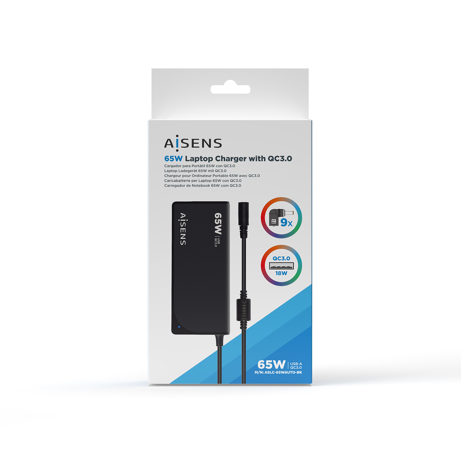 Una caja de cargador para portátil con la marca AISENS, cargador y cable negros. Tiene indicadores de 65W, QC3.0 y 18W.