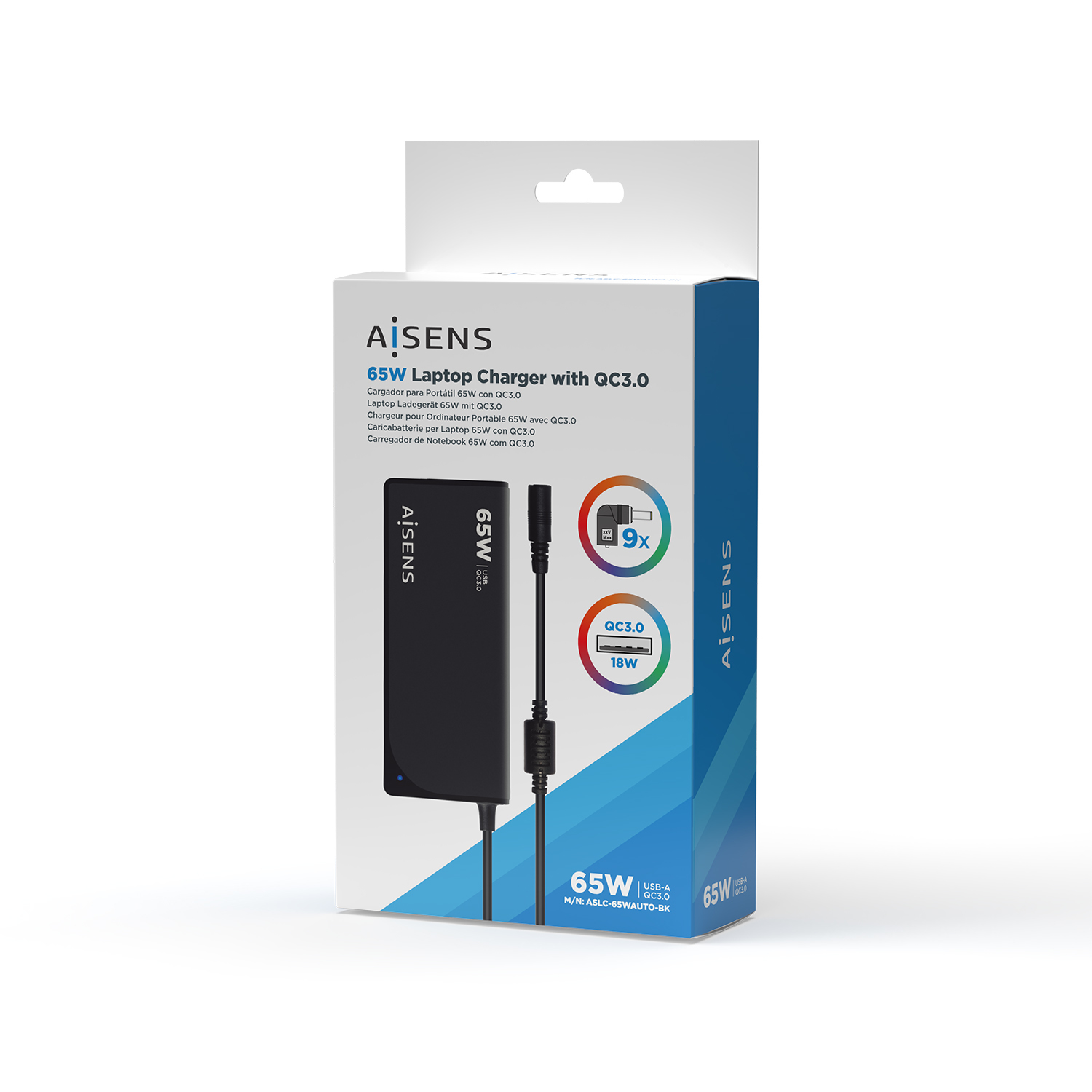 Una caja de cargador para portátil con 'AISENS 65W Laptop Charger with QC3.0'. Presenta un cargador negro y cable de alimentación.