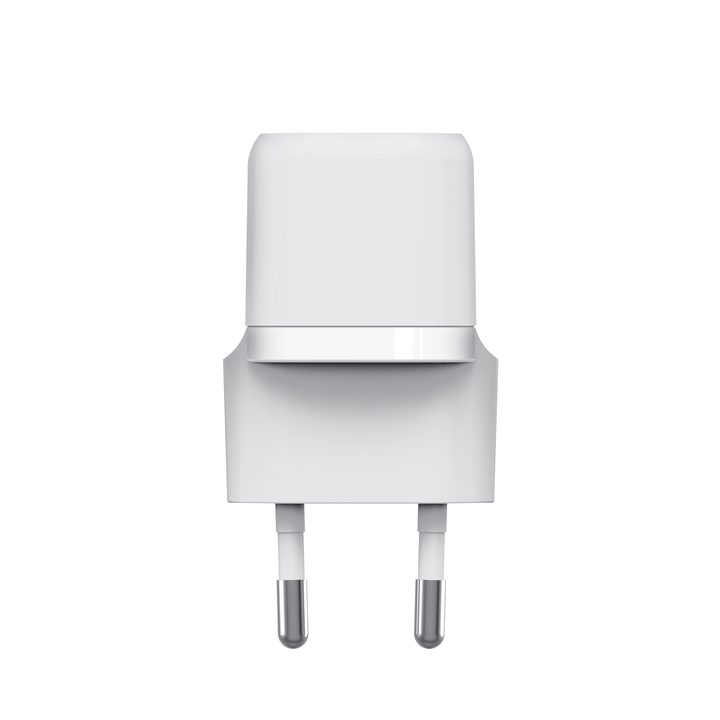 Ein weißer Netzadapter mit zwei silbernen Stiften. Er hat einen rechteckigen Körper und einen silbernen Akzent.