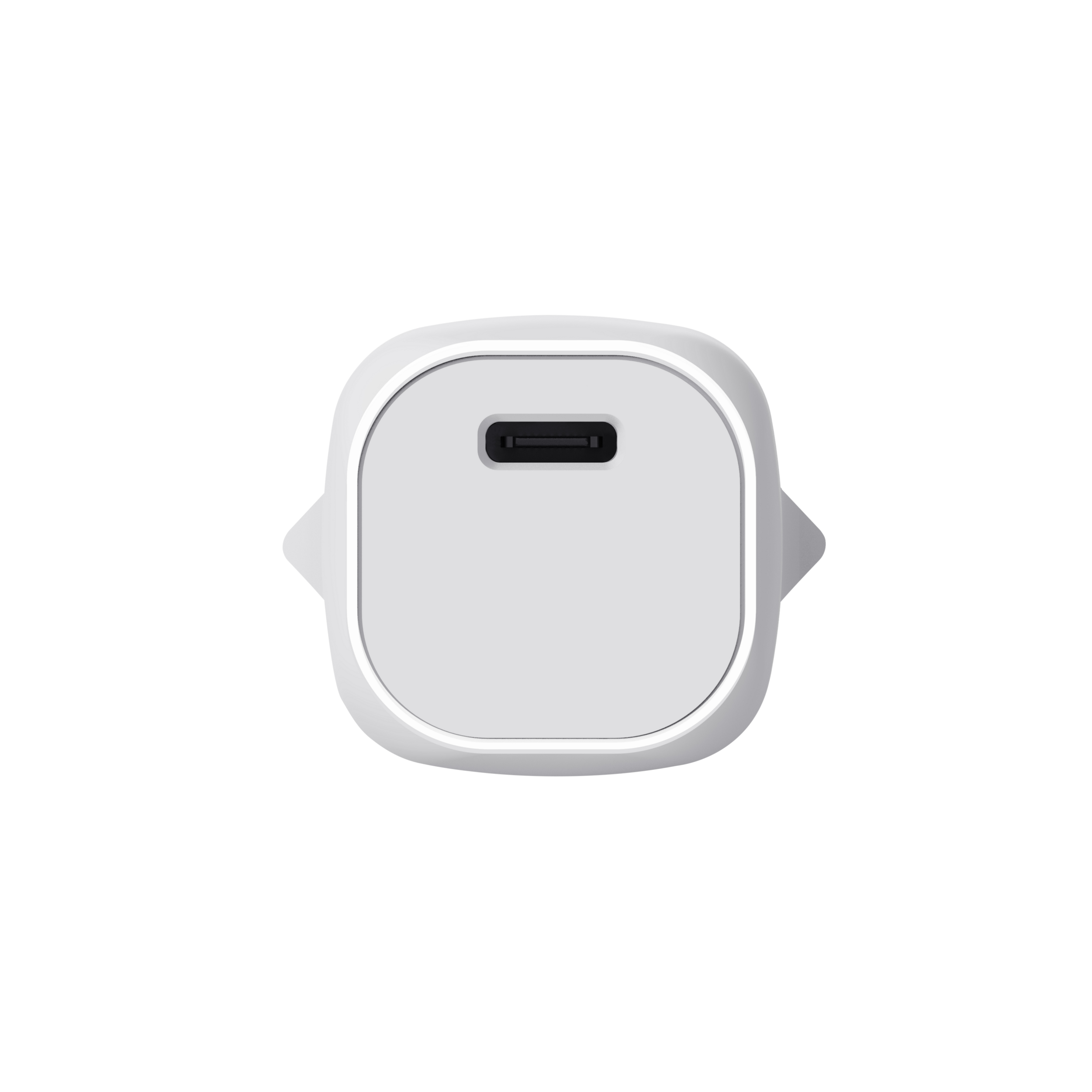 Ein weißes Ladegerät mit USB-C-Anschluss. Es befindet sich auf weißem Grund.