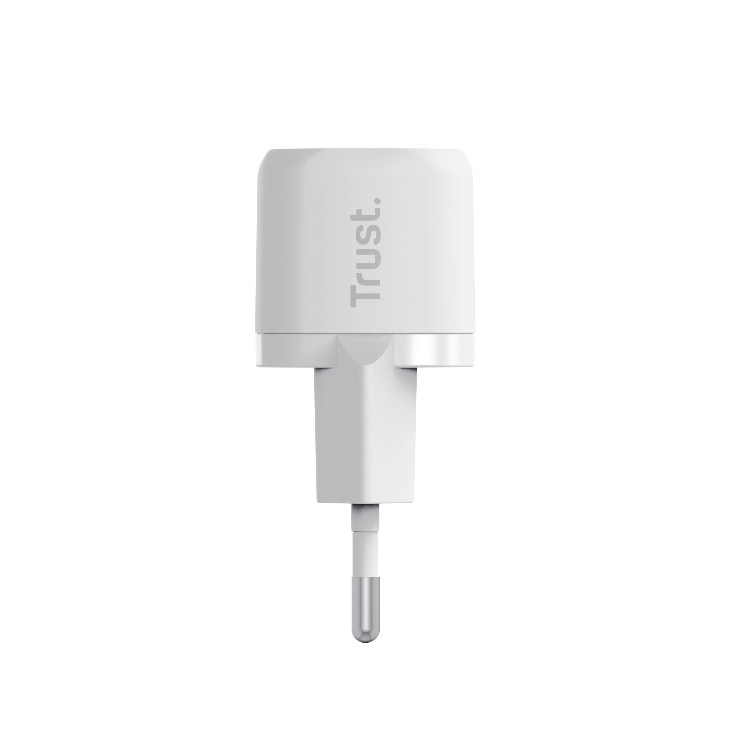 Ein weißes Ladegerät der Marke Trust mit Stecker unten und Markennamen auf der Vorderseite.