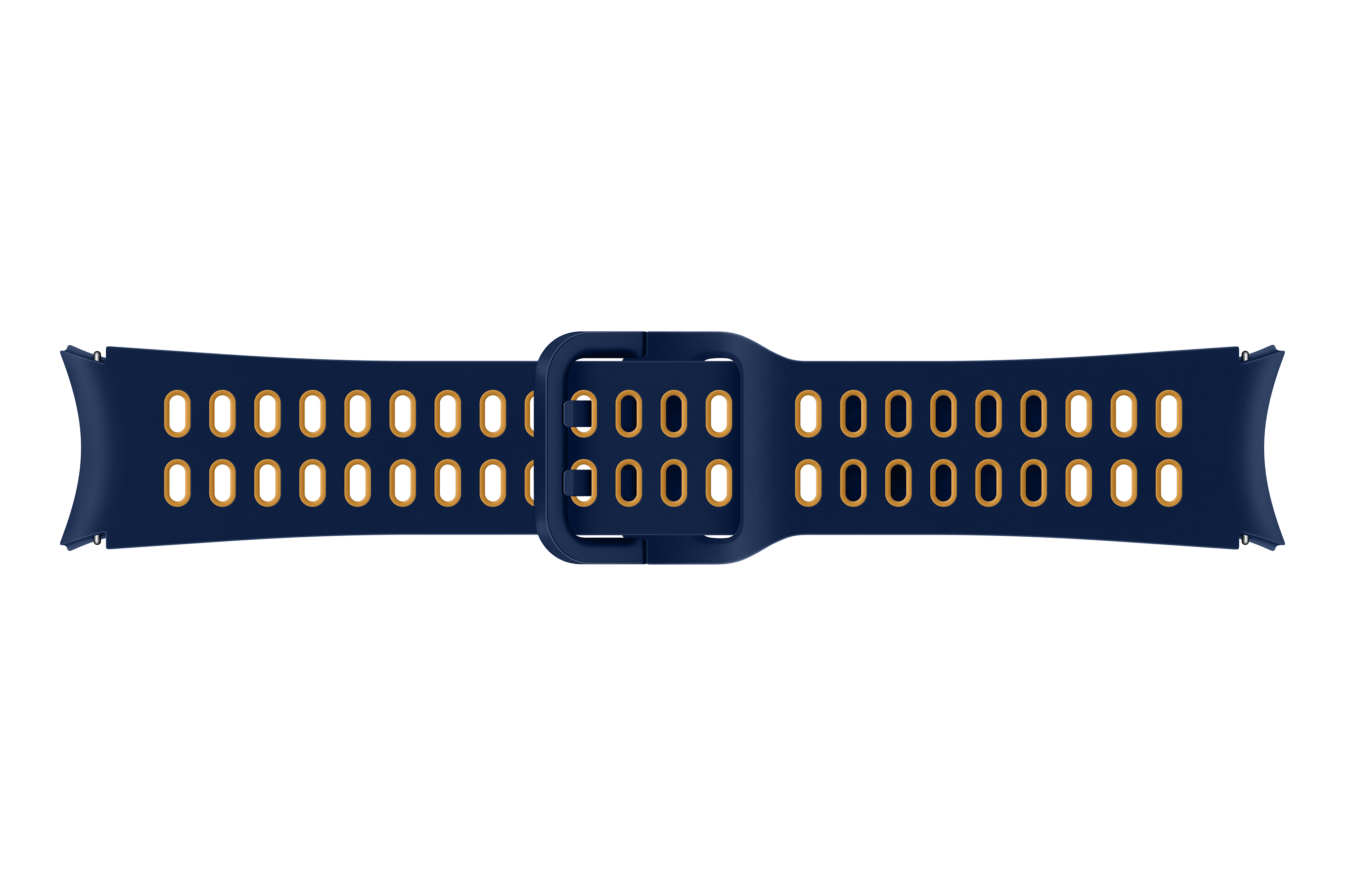 Ein marineblaues Uhrenarmband mit goldenen Akzenten und einer Schnalle auf weißem Hintergrund.