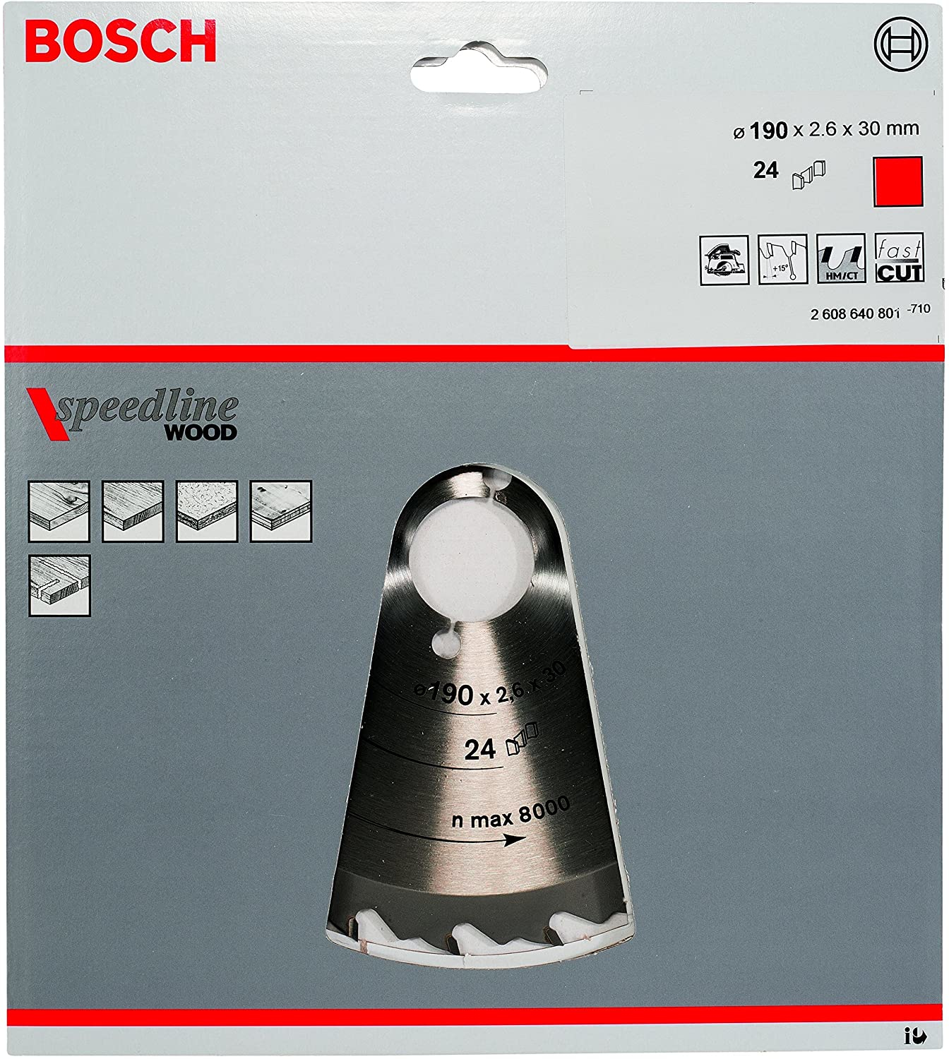 Eine Bosch Speedline Holzsägeblattverpackung. Sie zeigt das Sägeblatt, Spezifikationen und Symbole. Rotes Bosch-Logo oben.