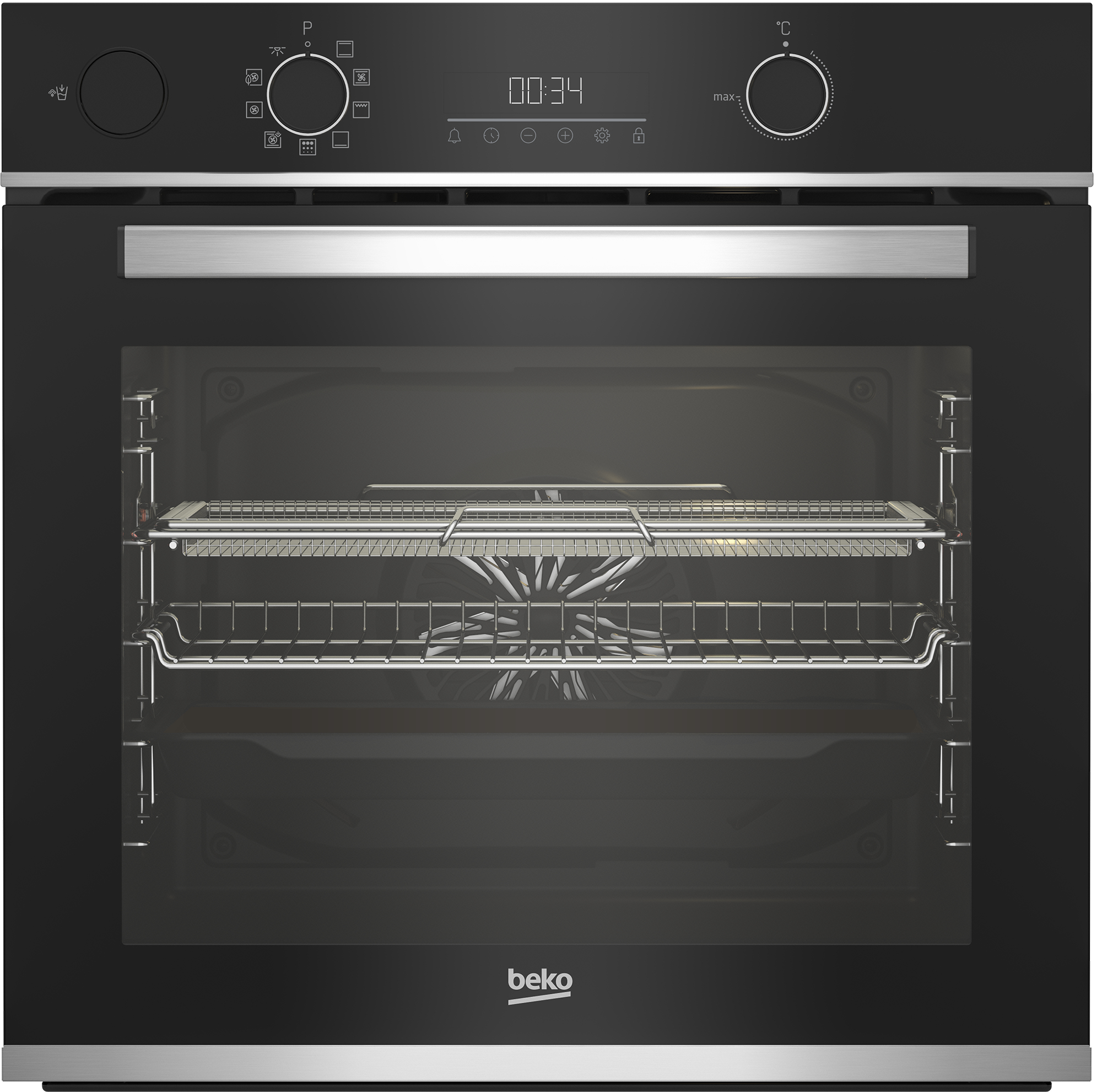 Forno Beko nero con comandi superiori, display digitale e porta a vetri con griglie interne.