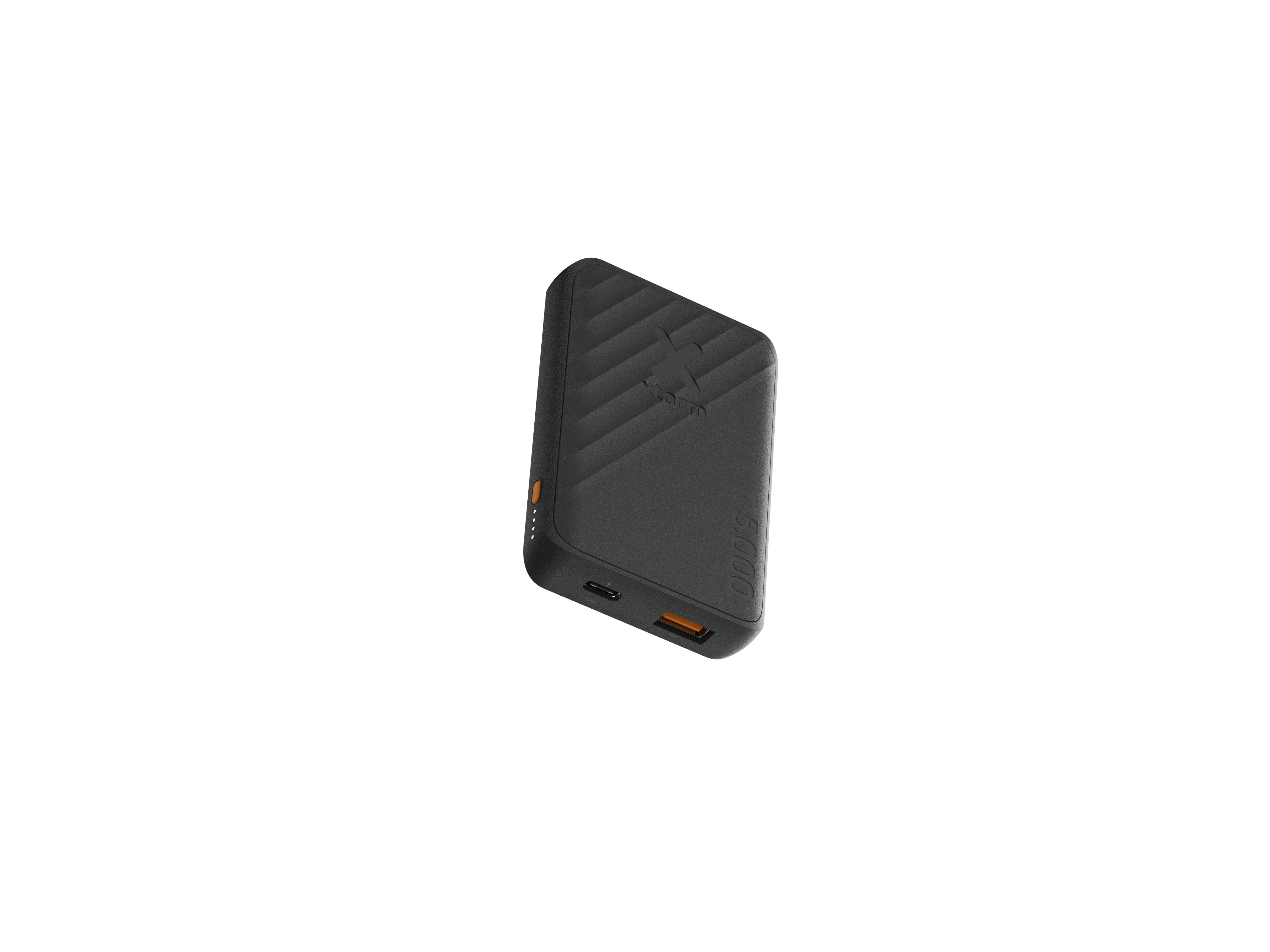 Schwarze Powerbank mit strukturierter Oberfläche. Merkmale: orange Akzente und die Zahl 5.000.