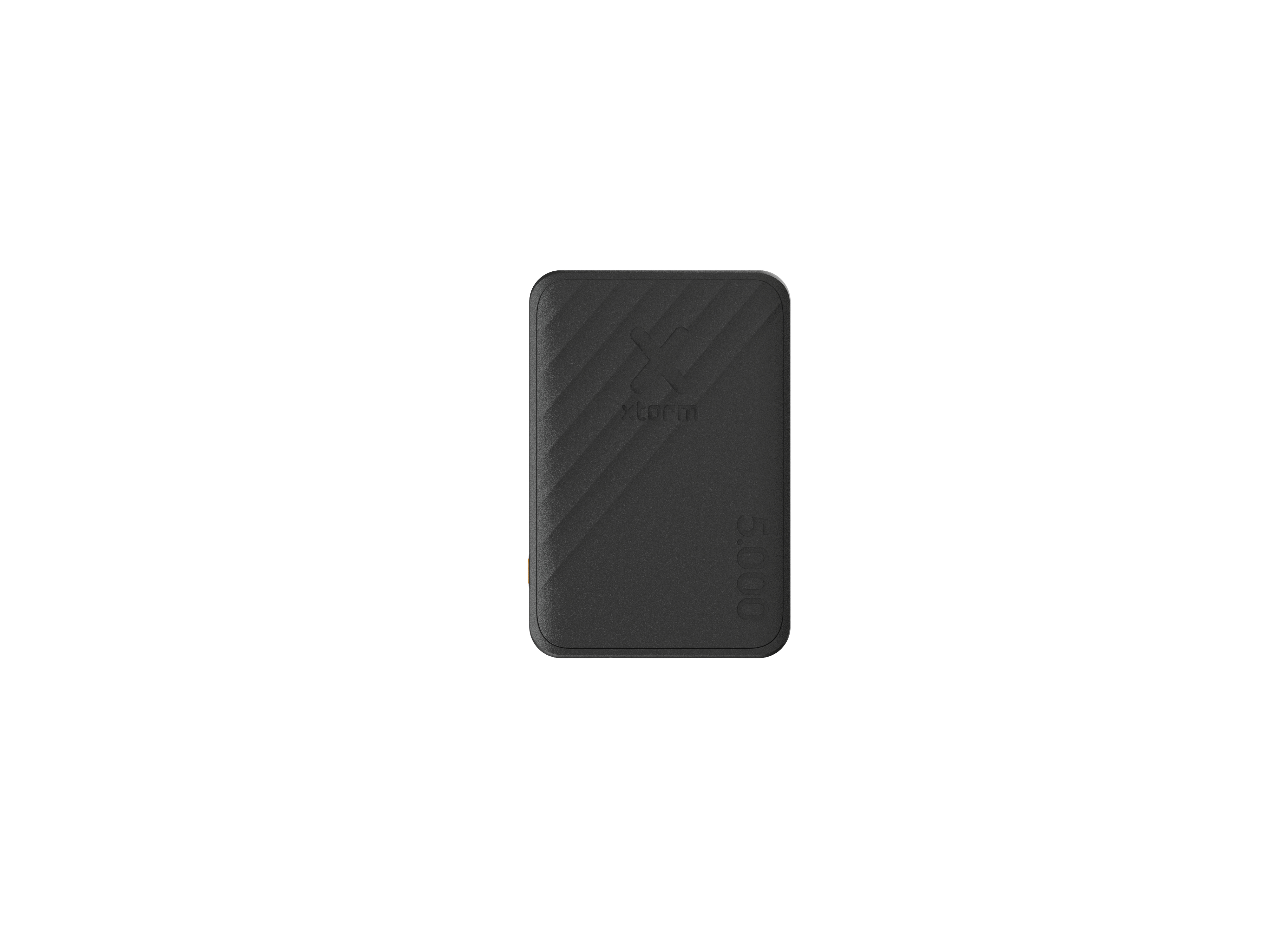 Schwarze, rechteckige Powerbank mit strukturierter Oberfläche. Markenname und Kapazität (5.000) sind aufgedruckt. Weißer Hintergrund.