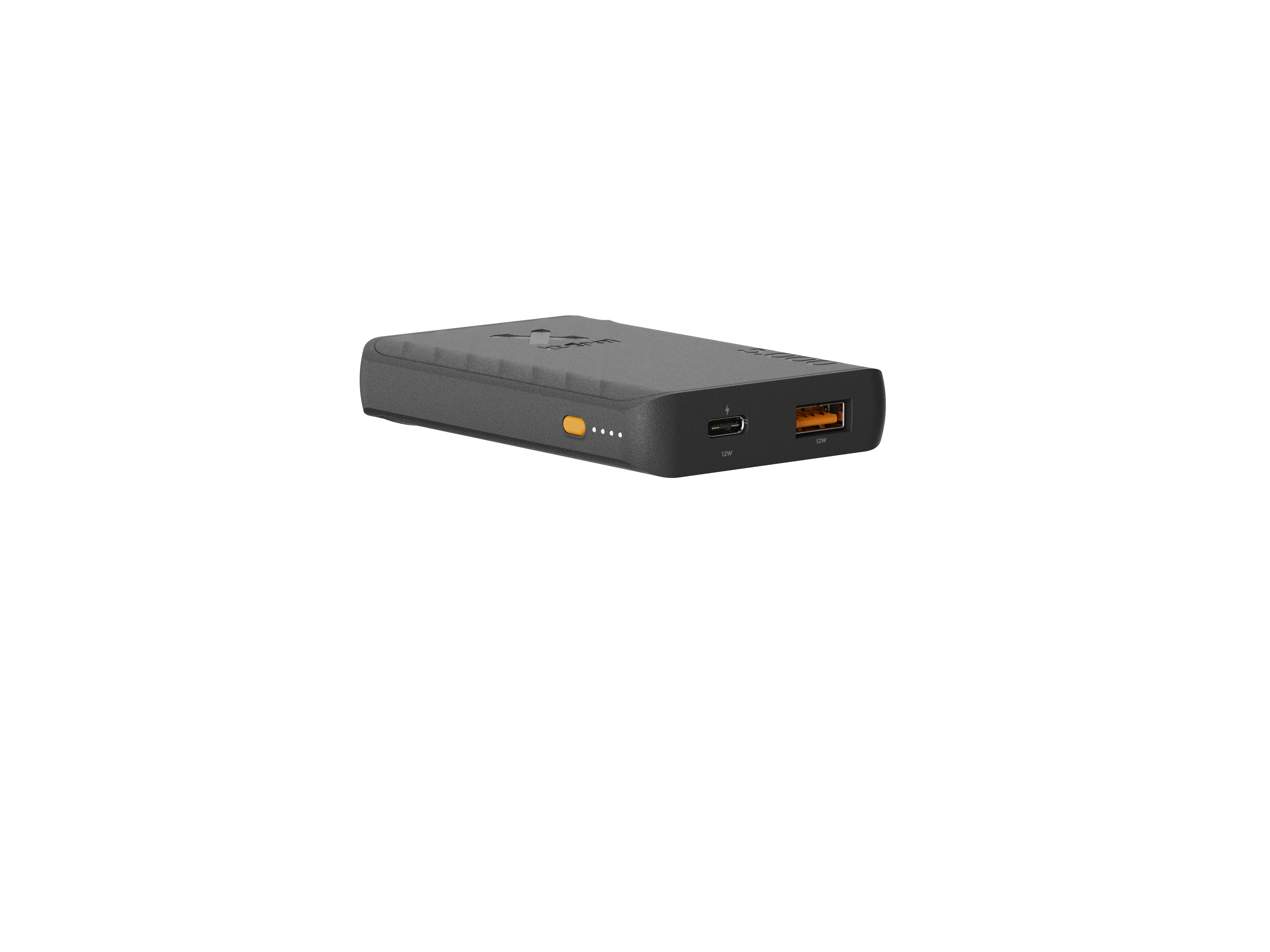 Dunkelgraue Powerbank mit schwarzem Deckel. Mit USB-Anschlüssen und einer orangefarbenen Taste.
