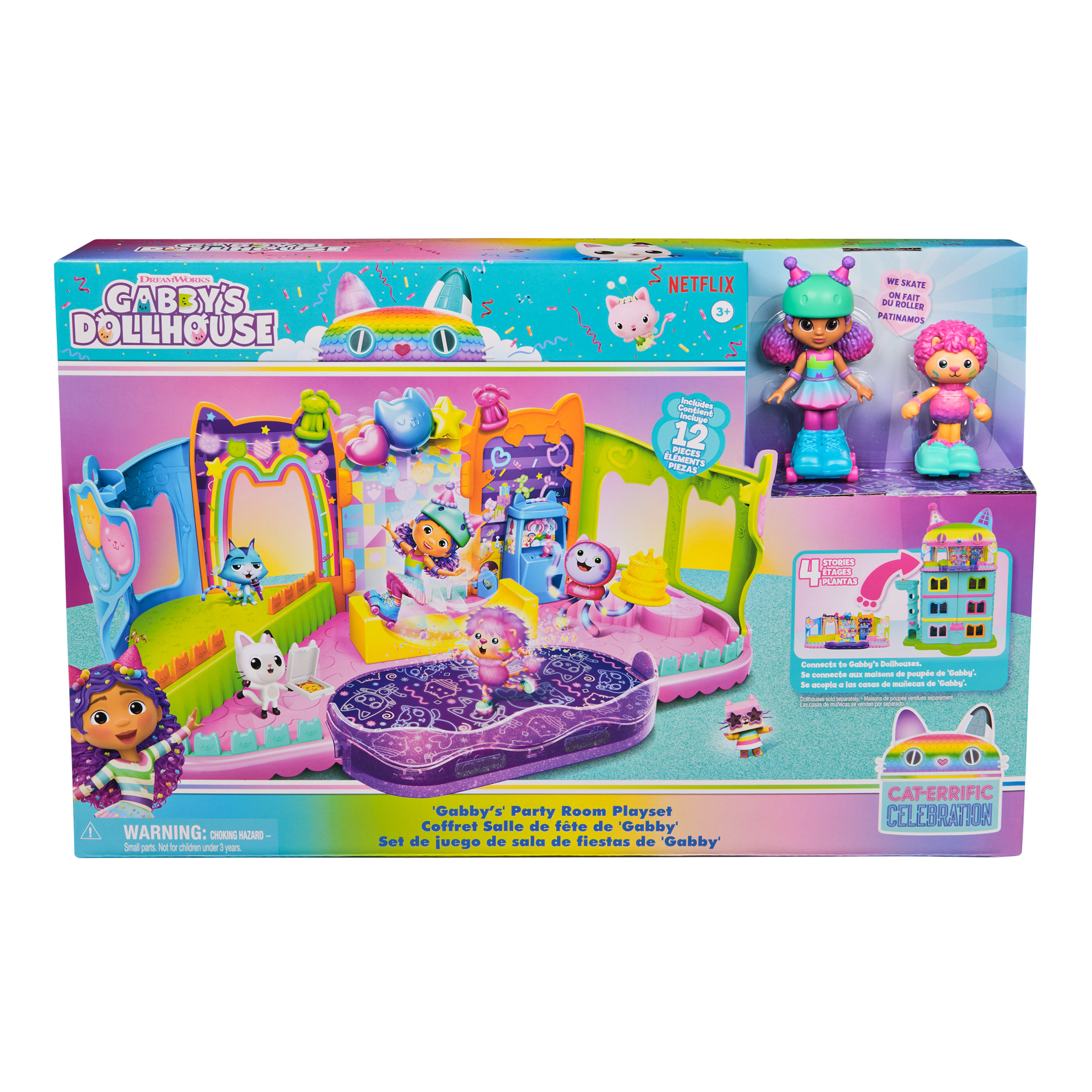 Una scatola del playset di Gabby's Dollhouse con personaggi giocattolo e una scena di festa.