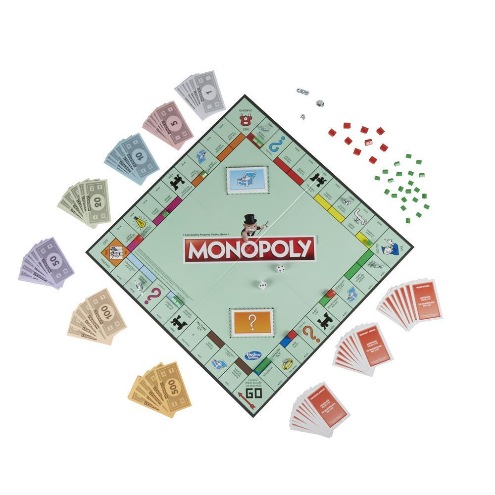Gra planszowa Monopoly. Zawiera planszę, pieniądze, kostki, domy, karty. Plansza jest zielona z polami nieruchomości. Pieniądze są w różnych kolorach.