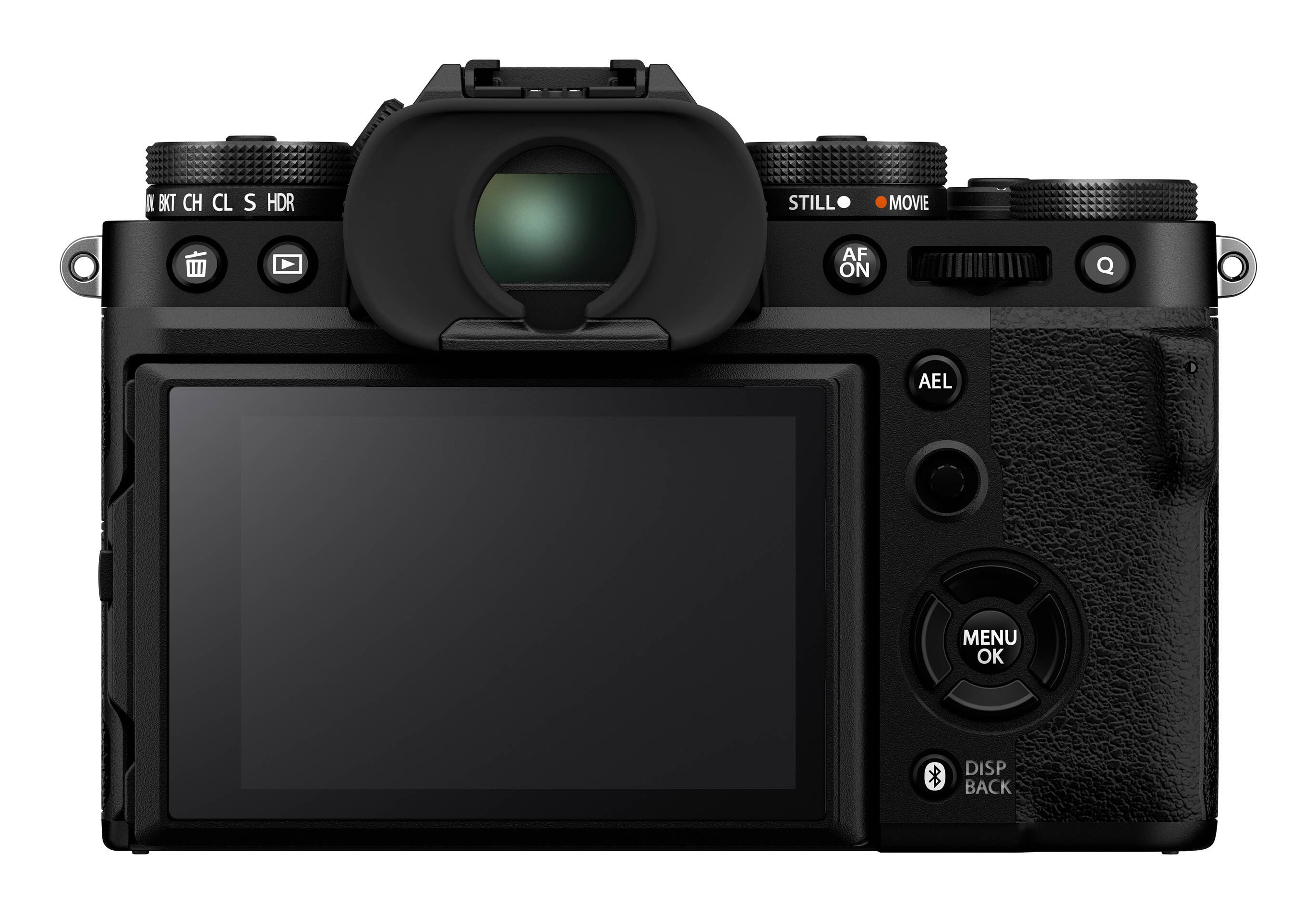 Schwarze Digitalkamera, Rückansicht, mit LCD, Knöpfen und Einstellrädern. Enthält einen Sucher und Bedienelemente.