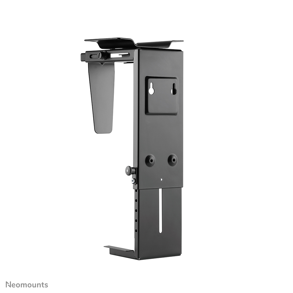 Ein schwarzer Metall-Computergehäusehalter mit verschiedenen Halterungen und Einstellpunkten, zur Montage unter einem Schreibtisch.
