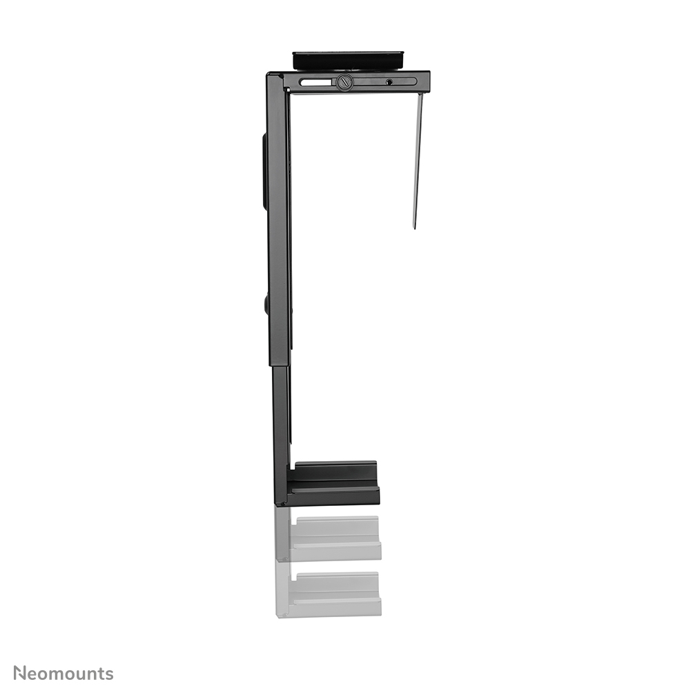 Eine schwarze, metallische Computerhalterung, die an einem Schreibtisch befestigt werden soll. Sie hat eine rechteckige Oberseite, einen langen vertikalen Abschnitt und eine Basis.
