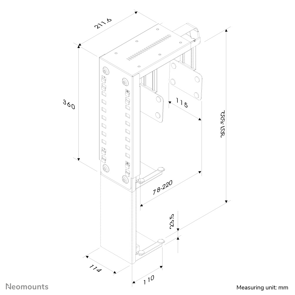 Diagramm einer schwarzen Halterung mit Maßen in mm. Enthält die Abmessungen: 360, 211,6, 115, 307-532, 114, 110, 23,5 und 78-220.