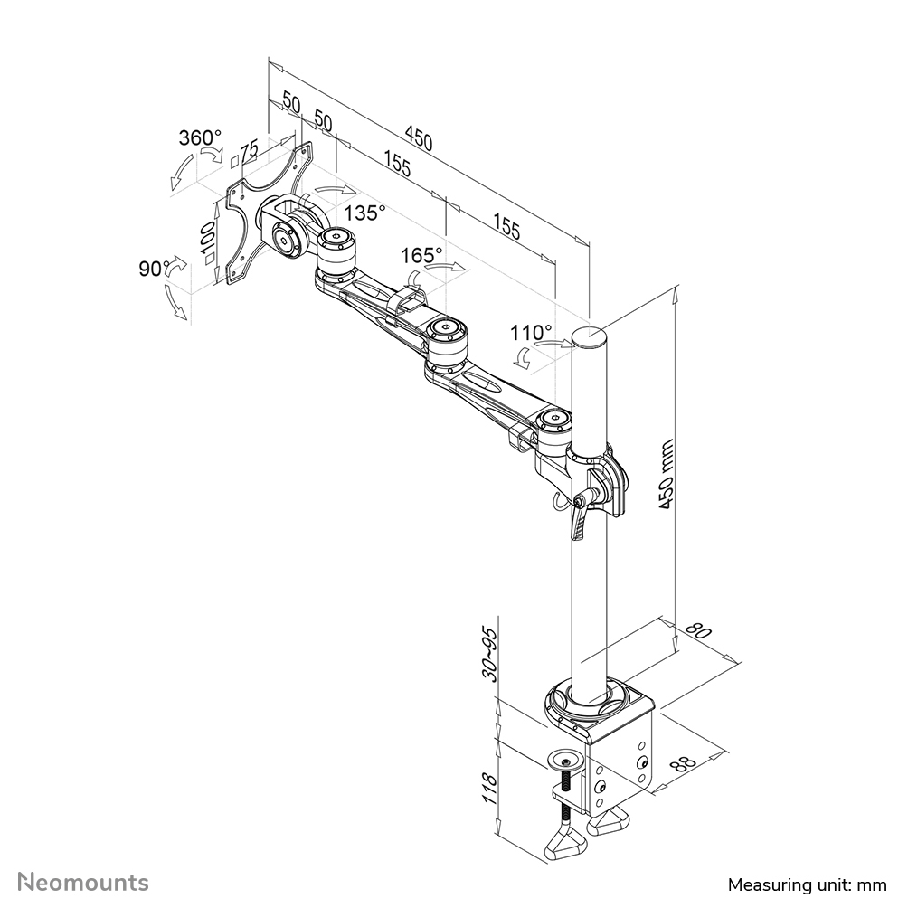 Diagram van een monitorarm met afmetingen en hoeken. Toont de flexibiliteit en afmetingen in millimeters.