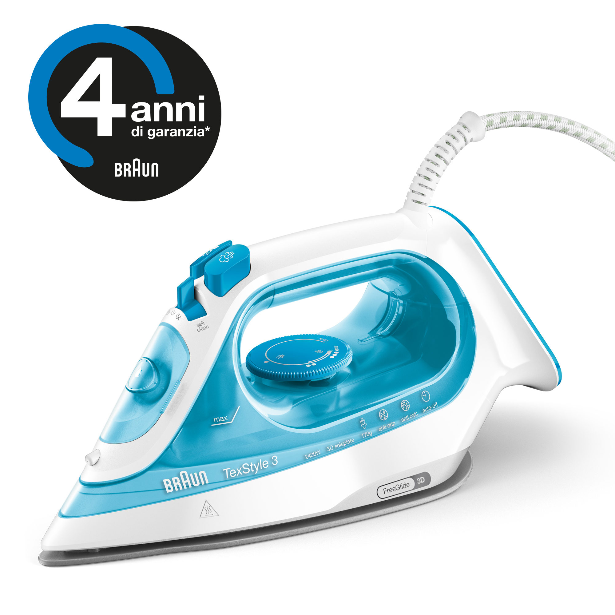 Ein weißes und blaues Braun TexStyle 3 Bügeleisen. Zu den Merkmalen gehören ein Drehregler, Knöpfe und ein Kabel. Es hat 4 Jahre Garantie.
