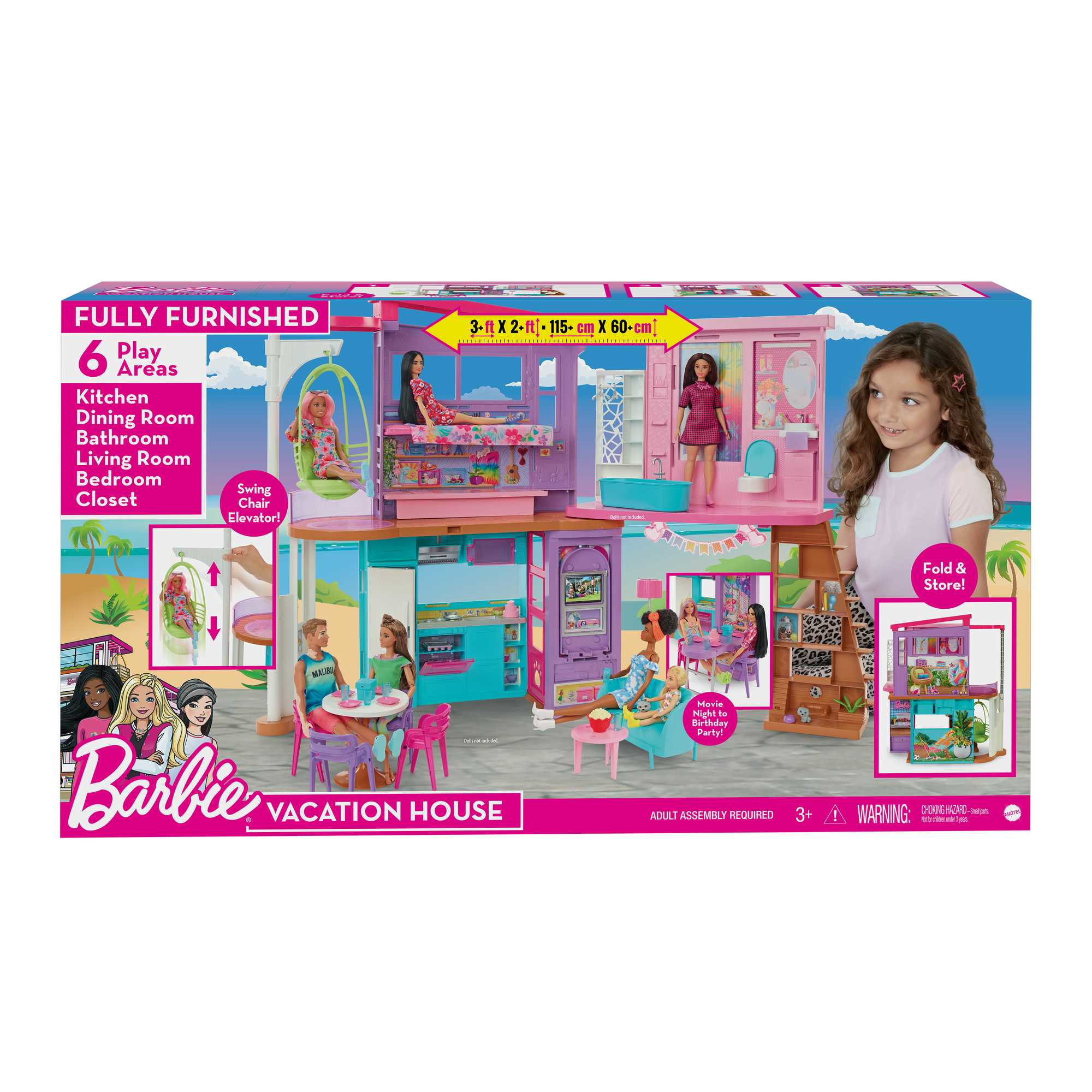 Barbie Vacation House Box. Es zeigt ein Puppenhaus mit verschiedenen Zimmern und Puppen. Ein Mädchen ist rechts.
