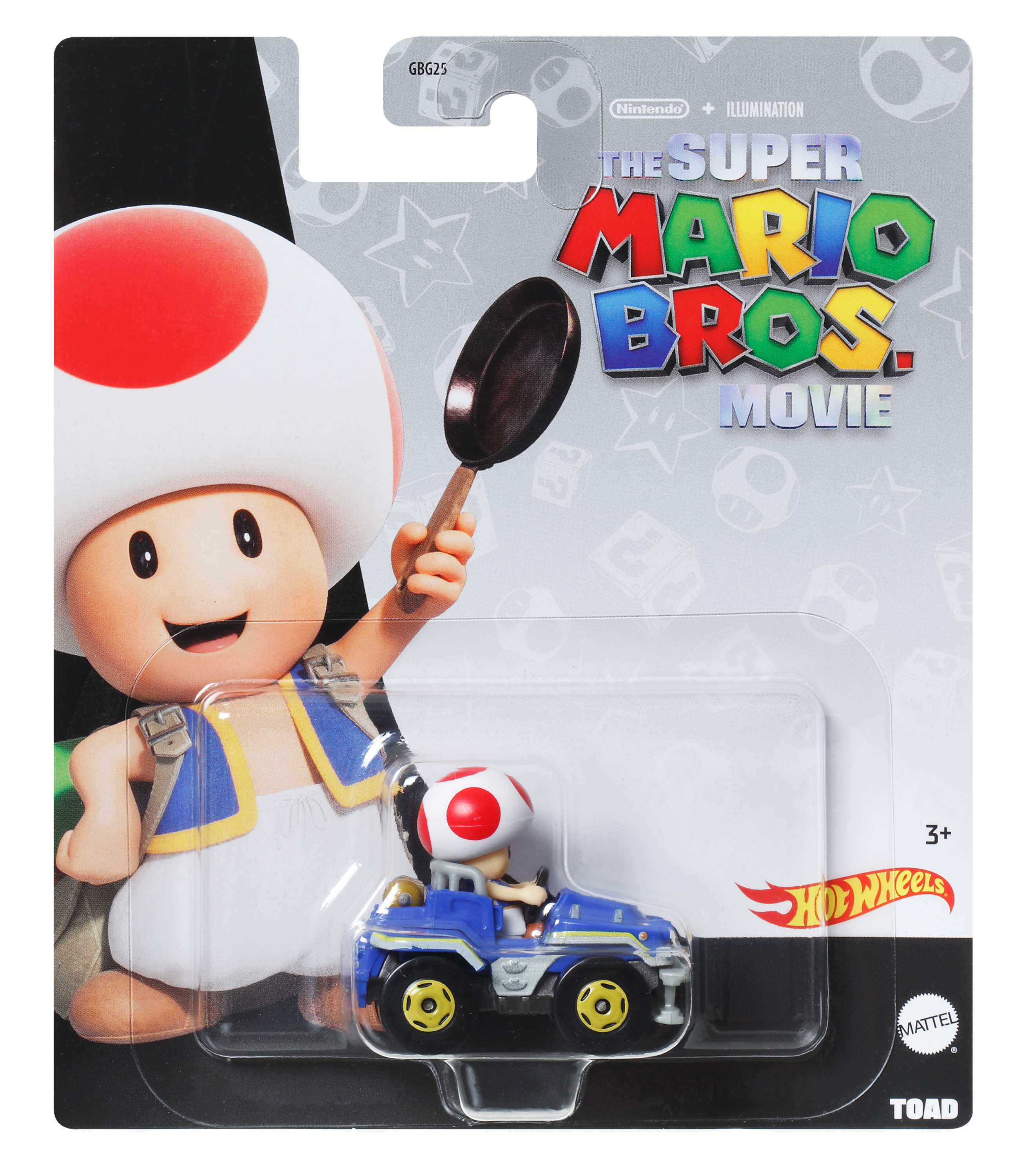 The Super Mario Bros. Movie Hot Wheels Auto. Toad-Figur mit Bratpfanne. Blaues Jeep-ähnliches Fahrzeug auf Karte.