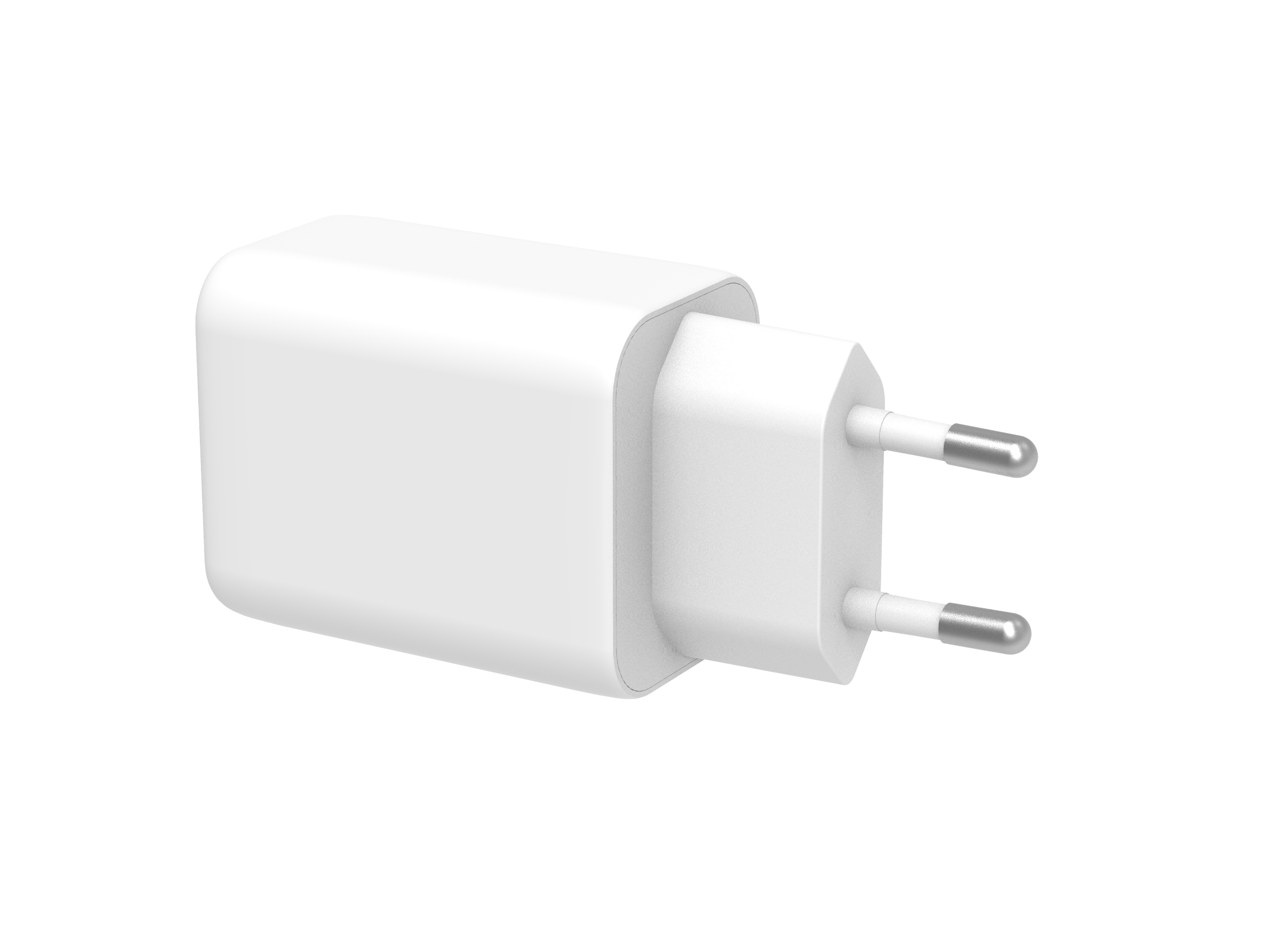 Un adaptador de corriente blanco con dos clavijas plateadas. El adaptador es rectangular con bordes redondeados.