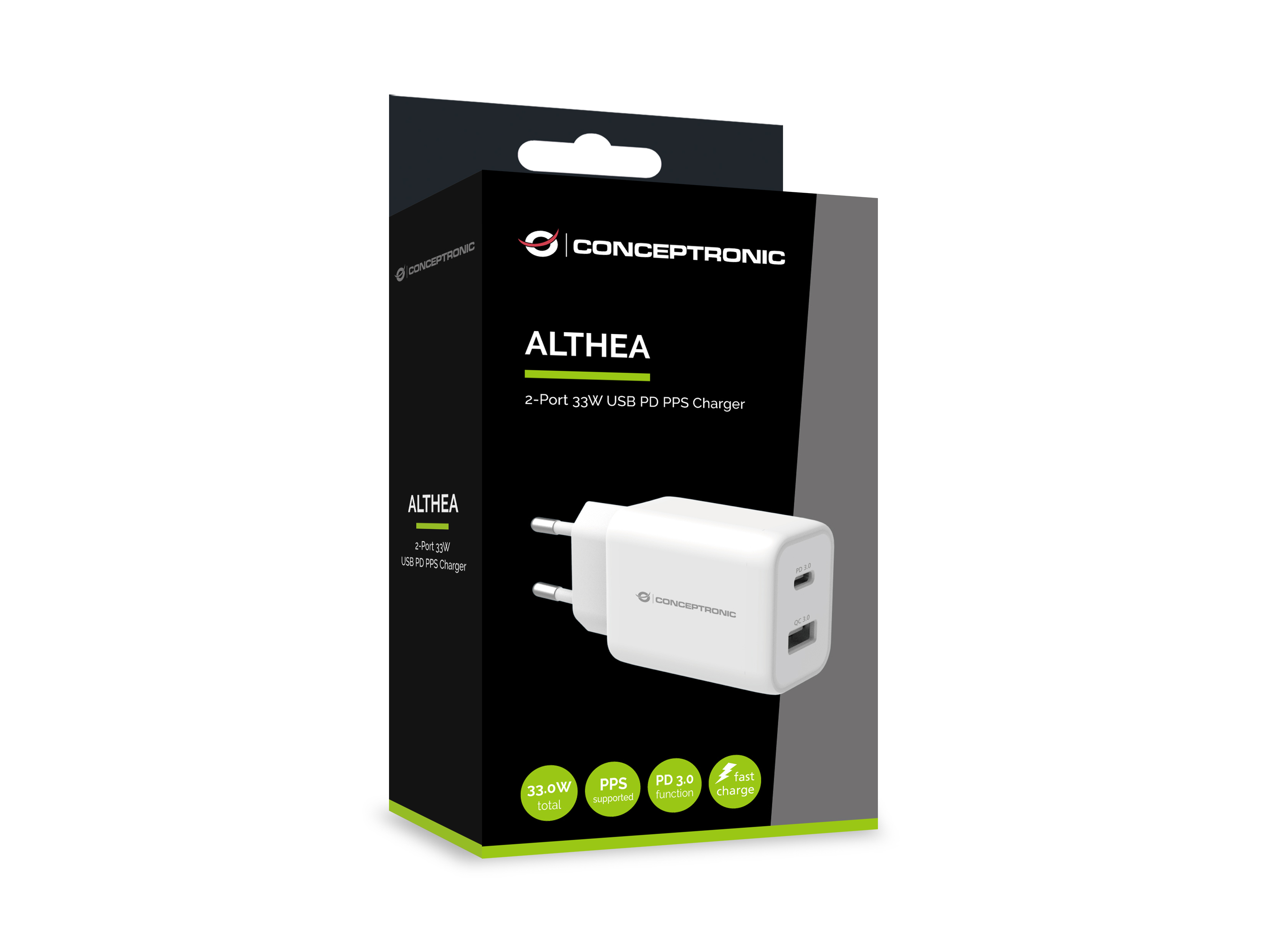 Una caja blanca del cargador Conceptronic Althea. Muestra el cargador y características: PD 3.0, carga rápida y 33,0 W.