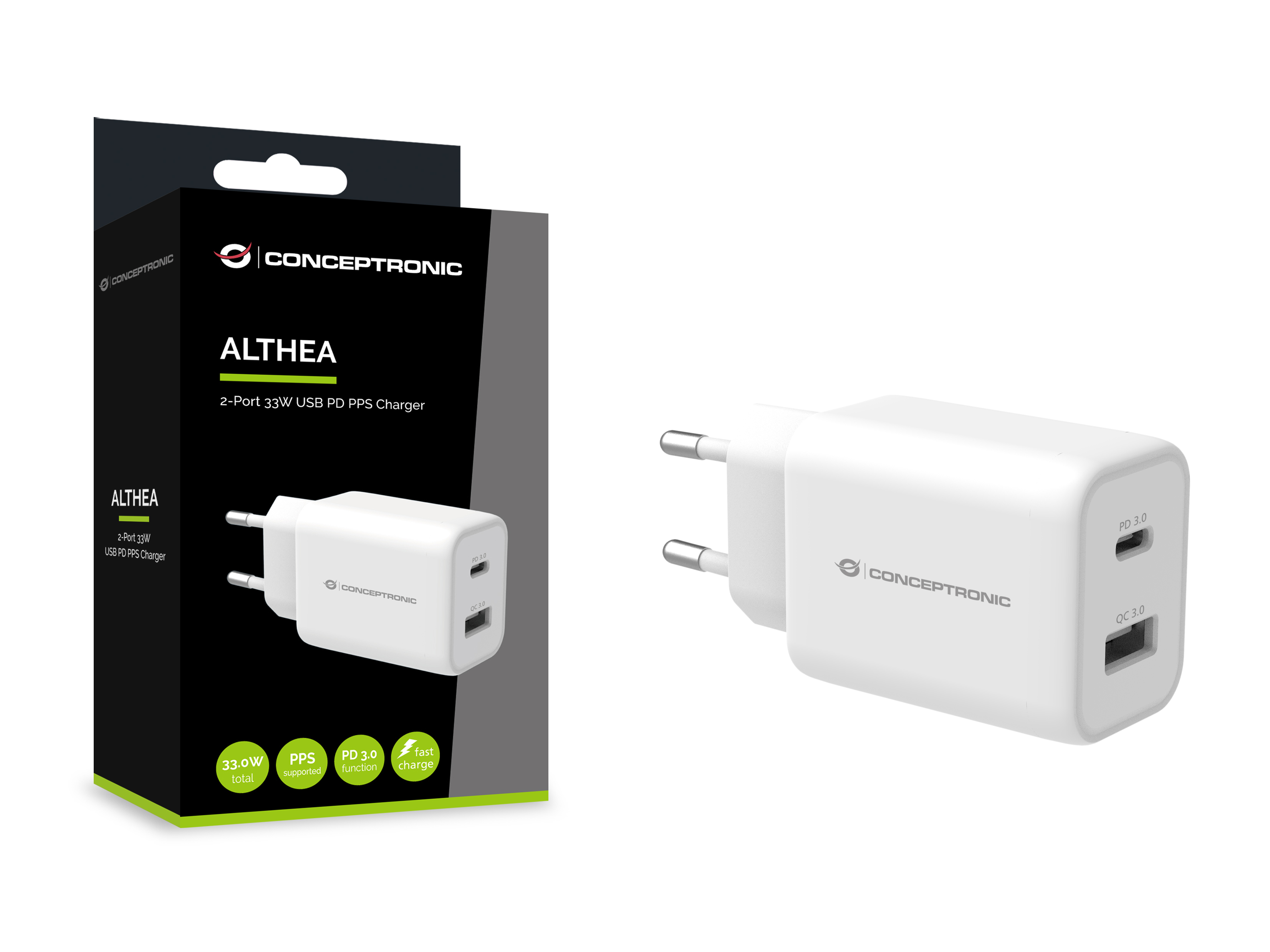 Cargador Conceptronic blanco con caja. La caja y el cargador tienen el nombre ALTHEA. Tiene dos puertos.