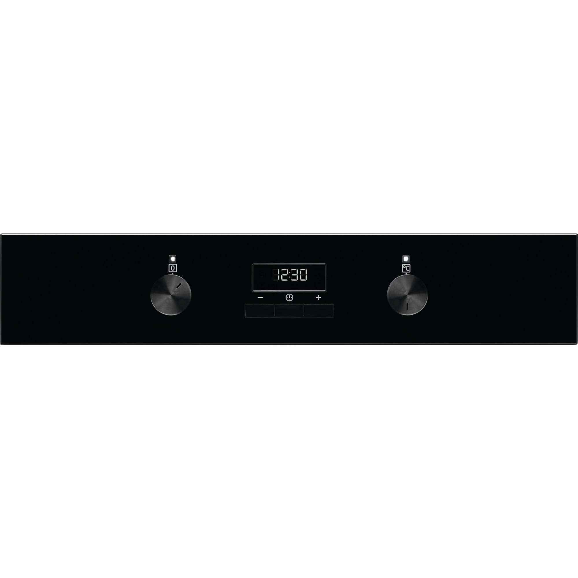 Pannello comandi forno nero con display che mostra 12:30, due manopole e comandi touch.