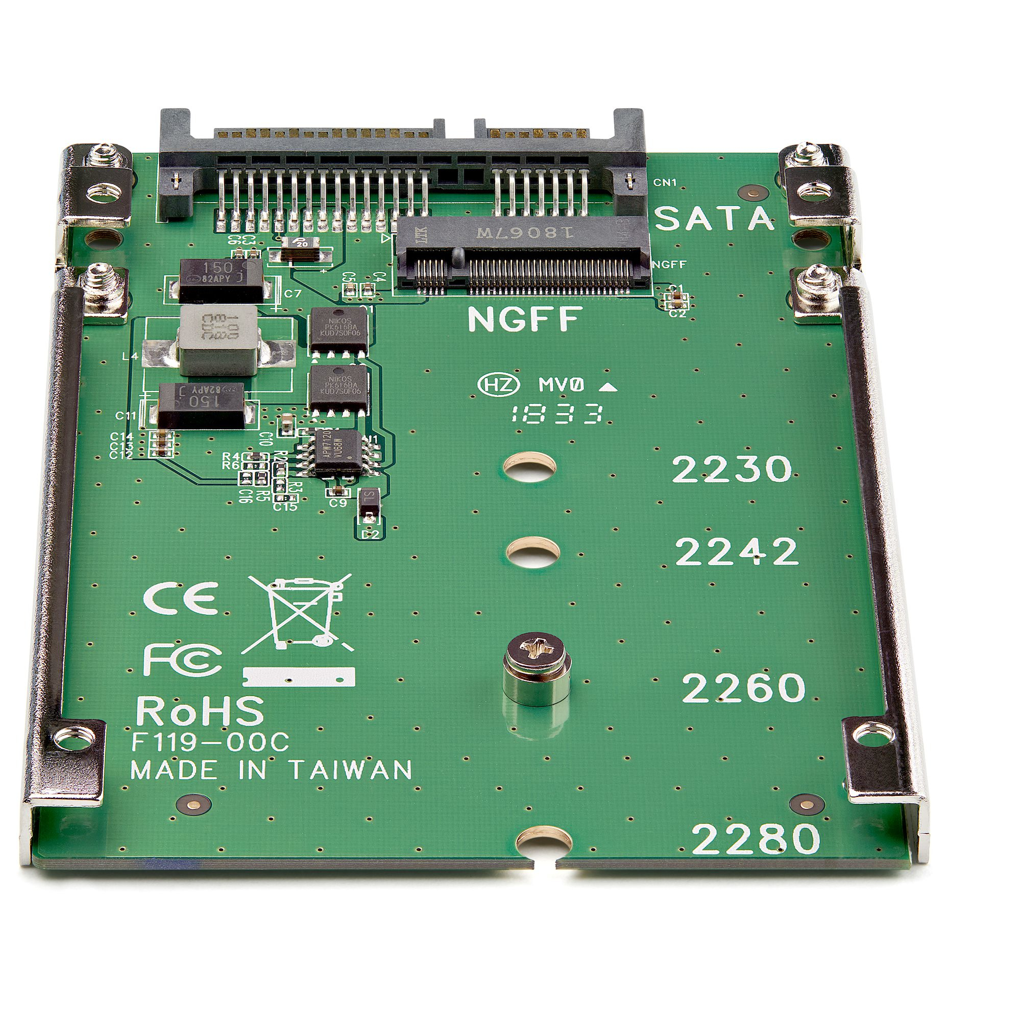 Circuit imprimé vert avec connecteurs SATA et NGFF, puces et marquages. RoHS et Made in Taiwan sont visibles.
