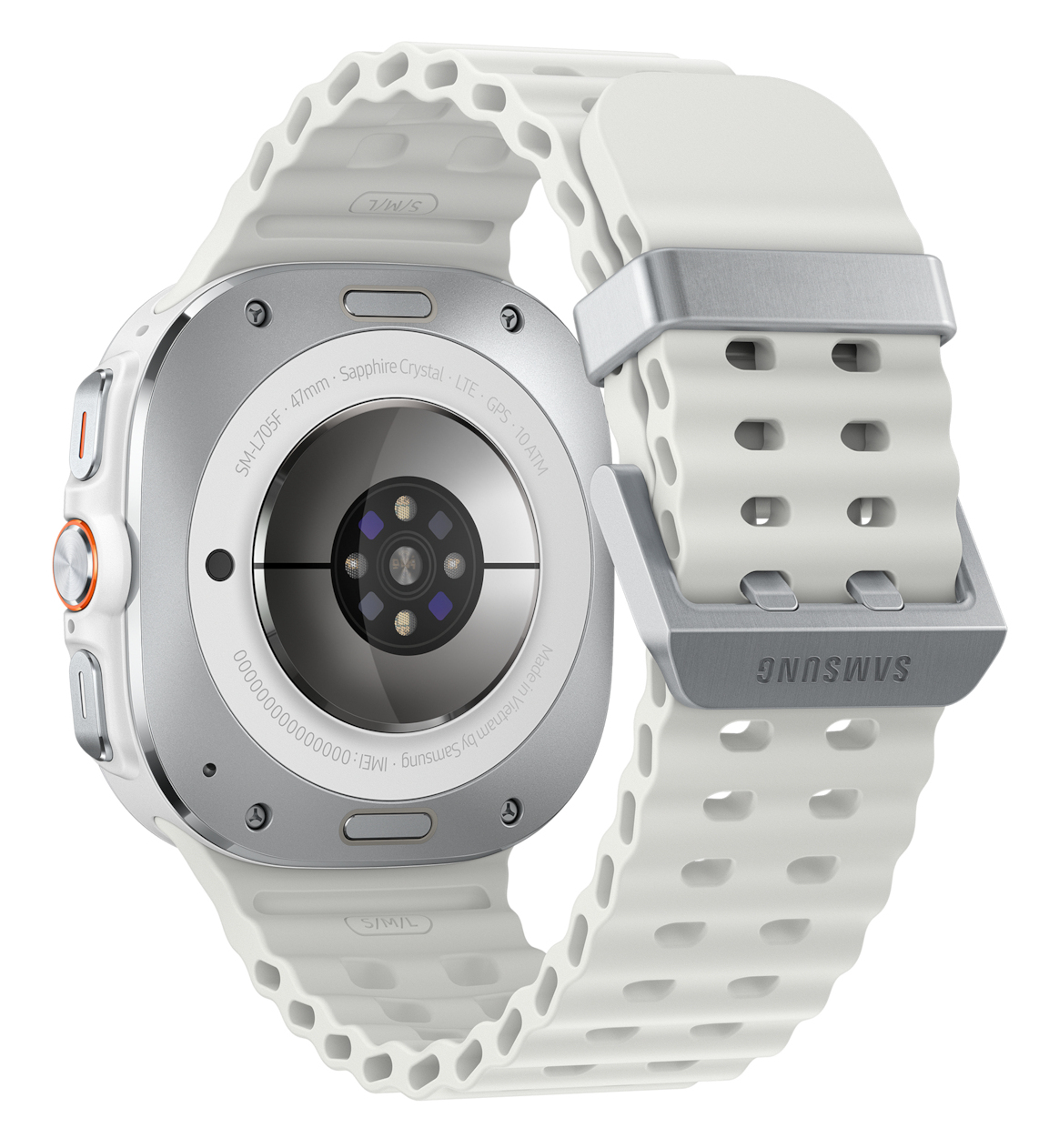 Een witte Samsung smartwatch met een witte band, zilveren gesp en behuizing. De achterkant van het horloge toont sensoren en tekst.