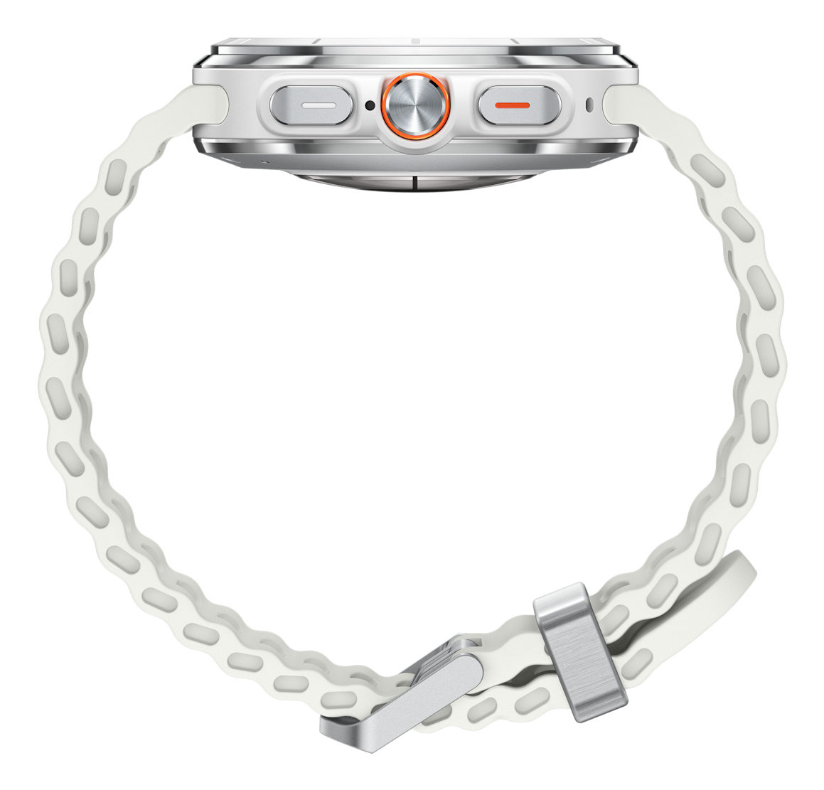 Een witte smartwatch met een witte band, zilveren knoppen en een oranje accentknop, geïsoleerd op een witte achtergrond.