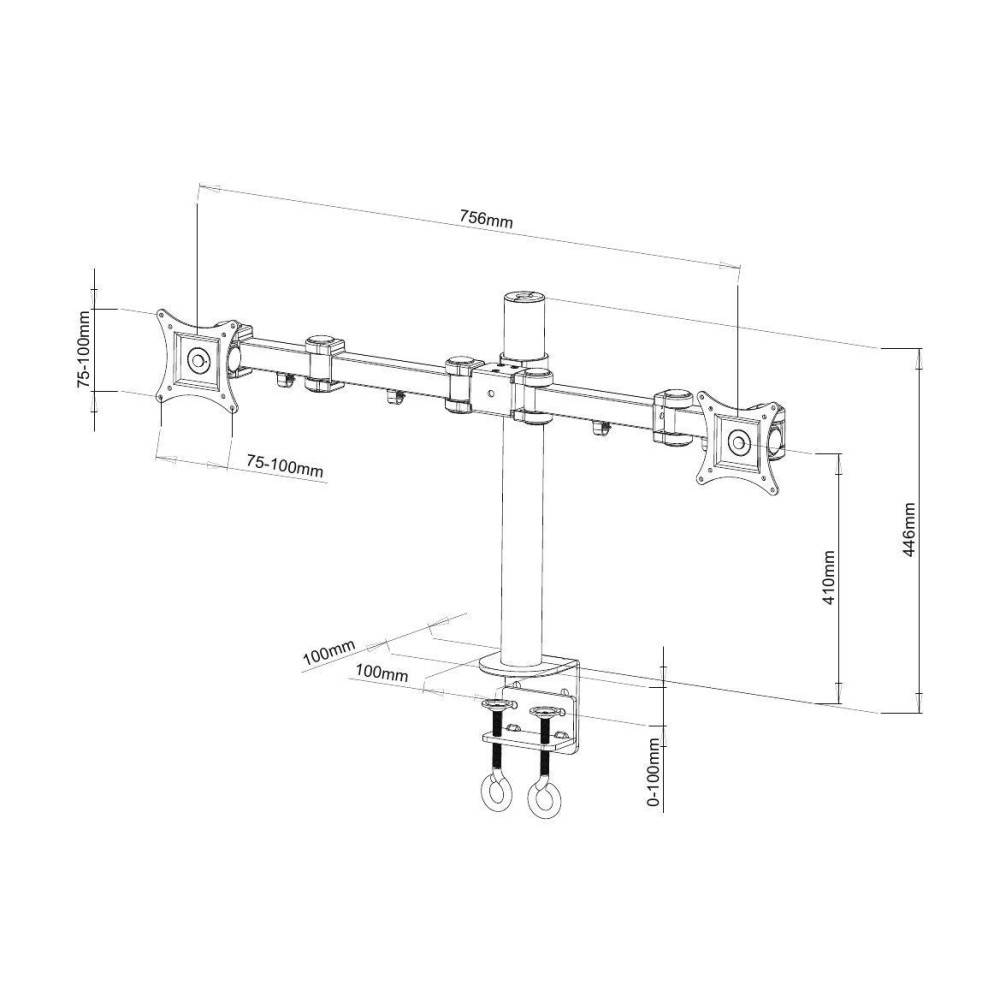 Diagram van een dubbele monitorbevestiging. Het toont afmetingen zoals 756 mm, 446 mm en 410 mm. De bevestiging heeft verstelbare armen en een klem.