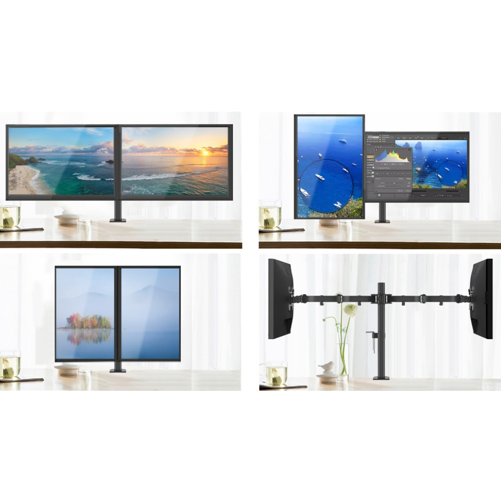 Vier afbeeldingen van computermonitoren. Twee monitoren tonen strandscènes, één een eiland en de laatste een monitorarm.