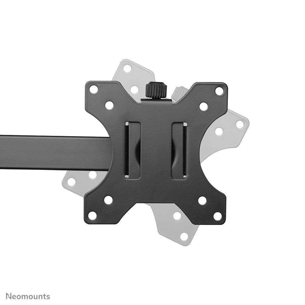 Eine schwarze Metall-Monitorhalterung mit Löchern und einem zentralen Einstellknopf, vor weißem Hintergrund.