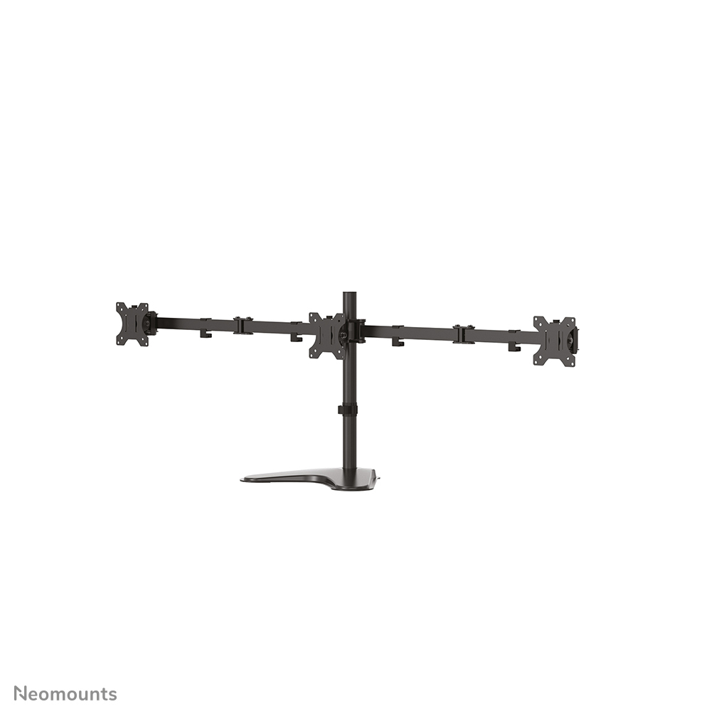 Een zwarte drievoudige monitorstandaard, met een centrale paal en drie horizontaal uitstekende armen, op een witte achtergrond.