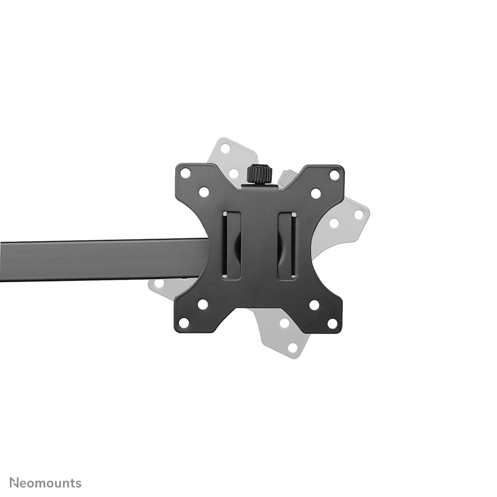 Een zwarte monitorbeugel met een vierkant ontwerp. Het heeft montagegaten en een centrale beugel, verbonden met een arm. Witte achtergrond.