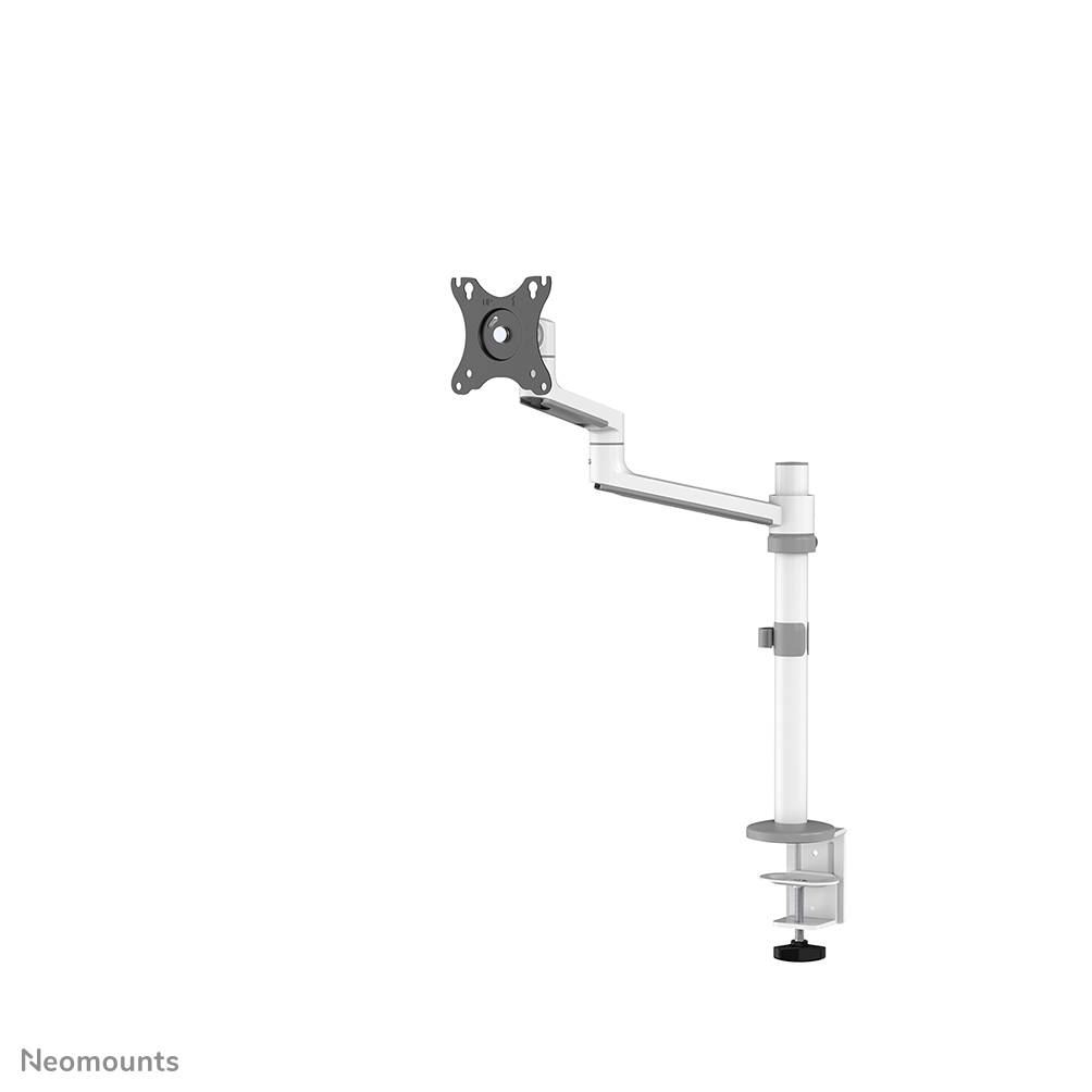 A white and gray monitor arm. It has a clamp, pole, and an arm holding the monitor mount. The background is white.