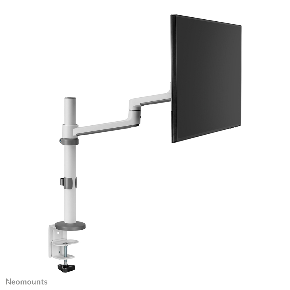 A white and grey monitor arm supports a black screen. It's mounted on a white clamp. The background is white.
