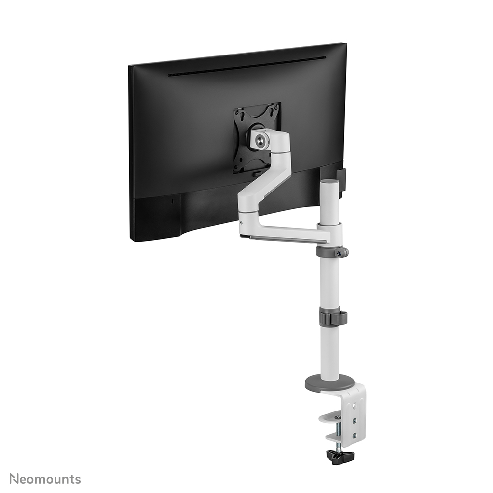A computer monitor is mounted on a white and gray stand. The stand is attached to a clamp. The background is white.