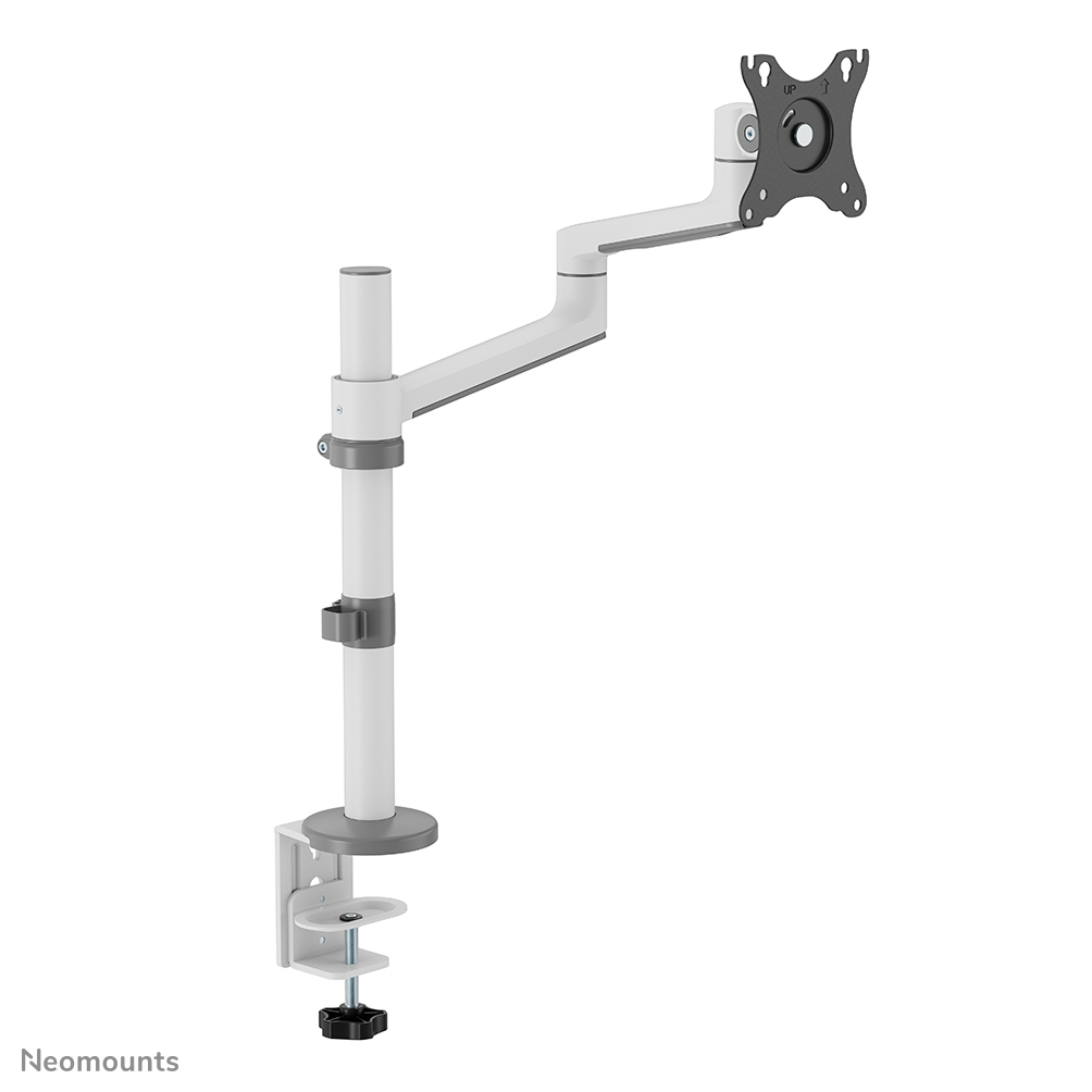 A white and grey monitor arm. It has a clamp, adjustable arm, and a black square plate for attaching a monitor.