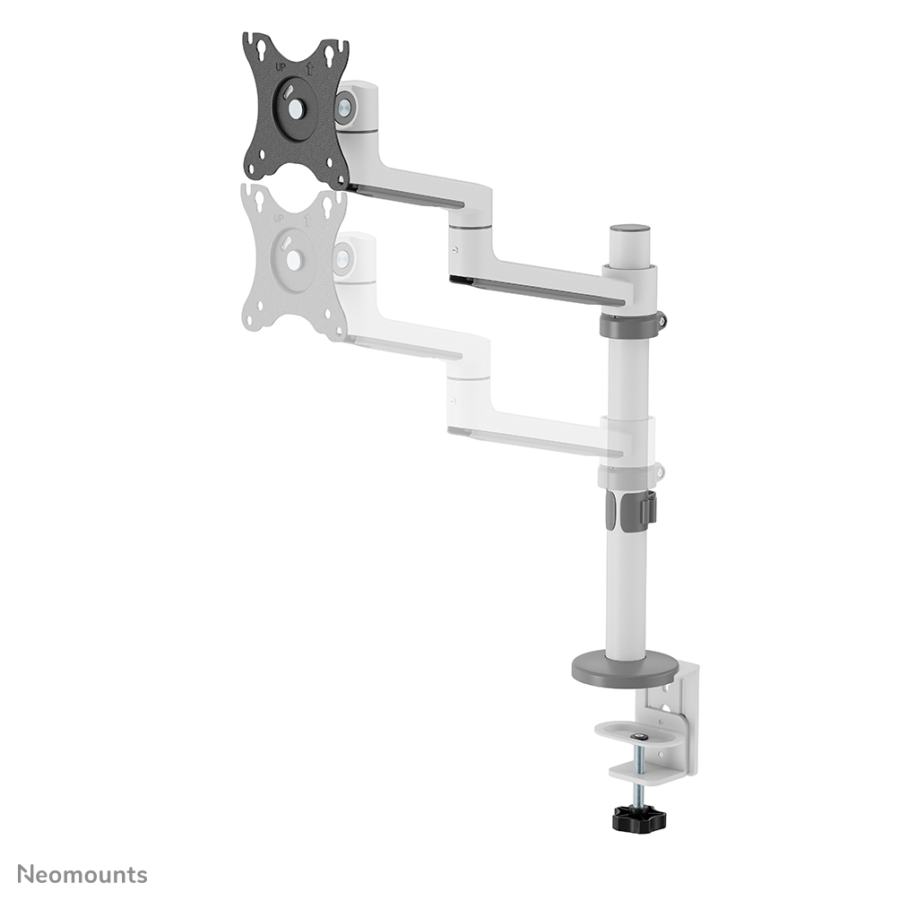 A white and gray monitor arm. It has a clamp, adjustable arms, and a bracket to hold a monitor. The background is white.