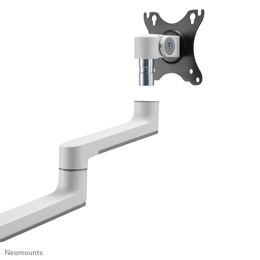 White monitor arm and black mounting plate, components of a monitor stand, on a white background.