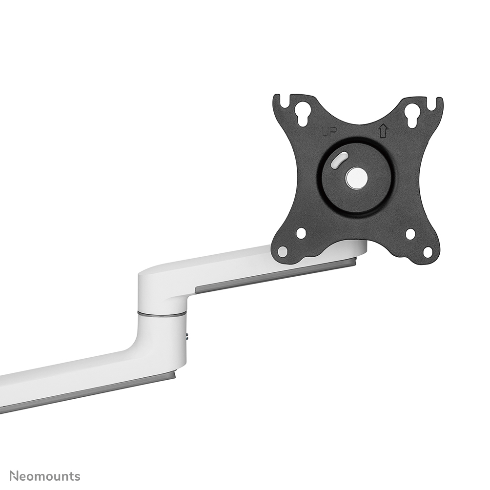 A white and gray monitor arm with a black mounting plate. The plate has holes and an arrow pointing up.