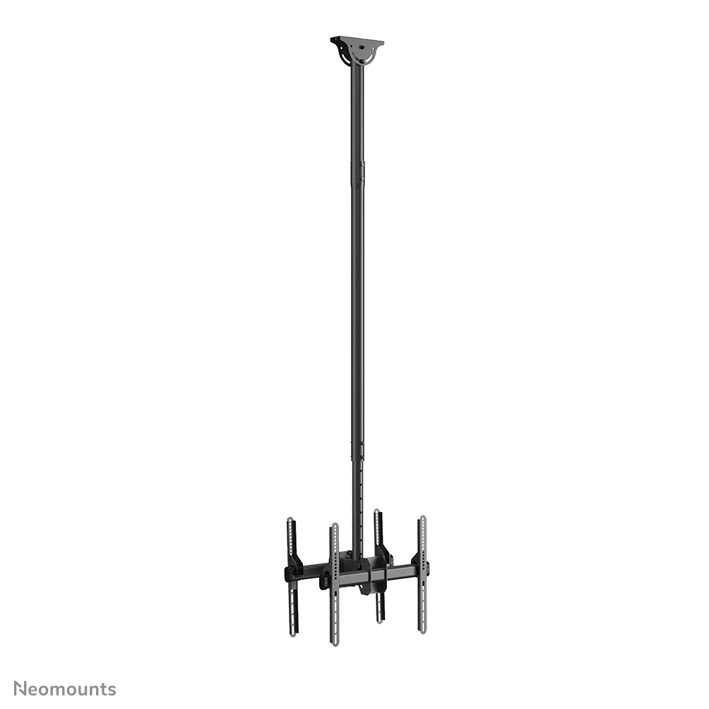 Un support de plafond noir pour une télévision. Il a un long poteau qui s'étend d'un support de plafond à un support pour tenir la télévision.