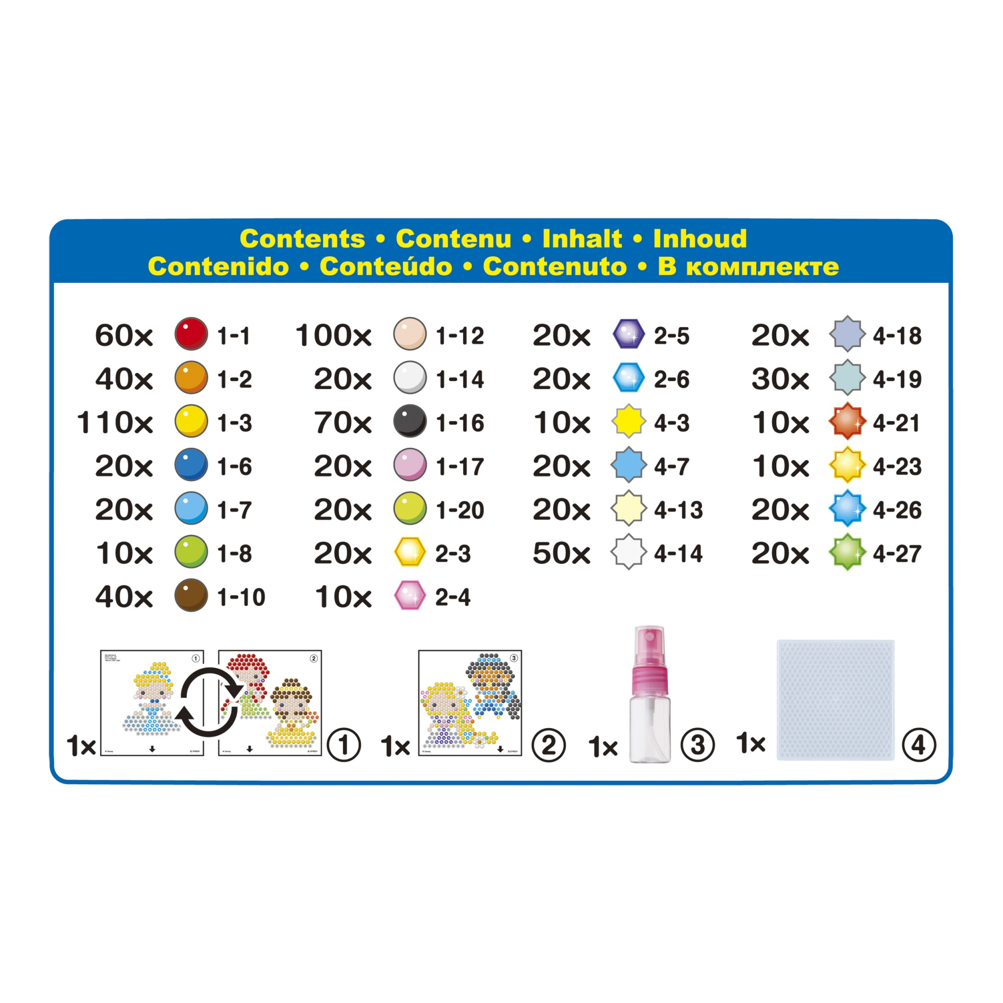 L'immagine mostra il contenuto del kit, tra cui perline colorate, flacone spray e una piastra a griglia, con illustrazioni di personaggi.