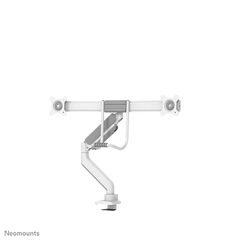 Weiß-grauer Monitorarm. Er hat eine horizontale Stange mit zwei Befestigungspunkten, einen gelenkigen Arm und eine Schreibtischklemme.