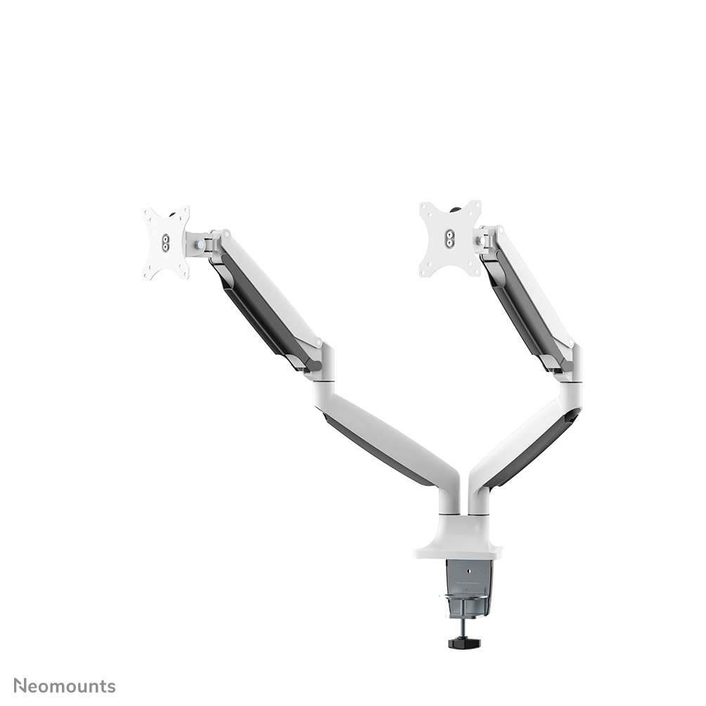 Un bras double moniteur blanc et gris, avec deux supports d'écran, une pince et un bouton de réglage noir.