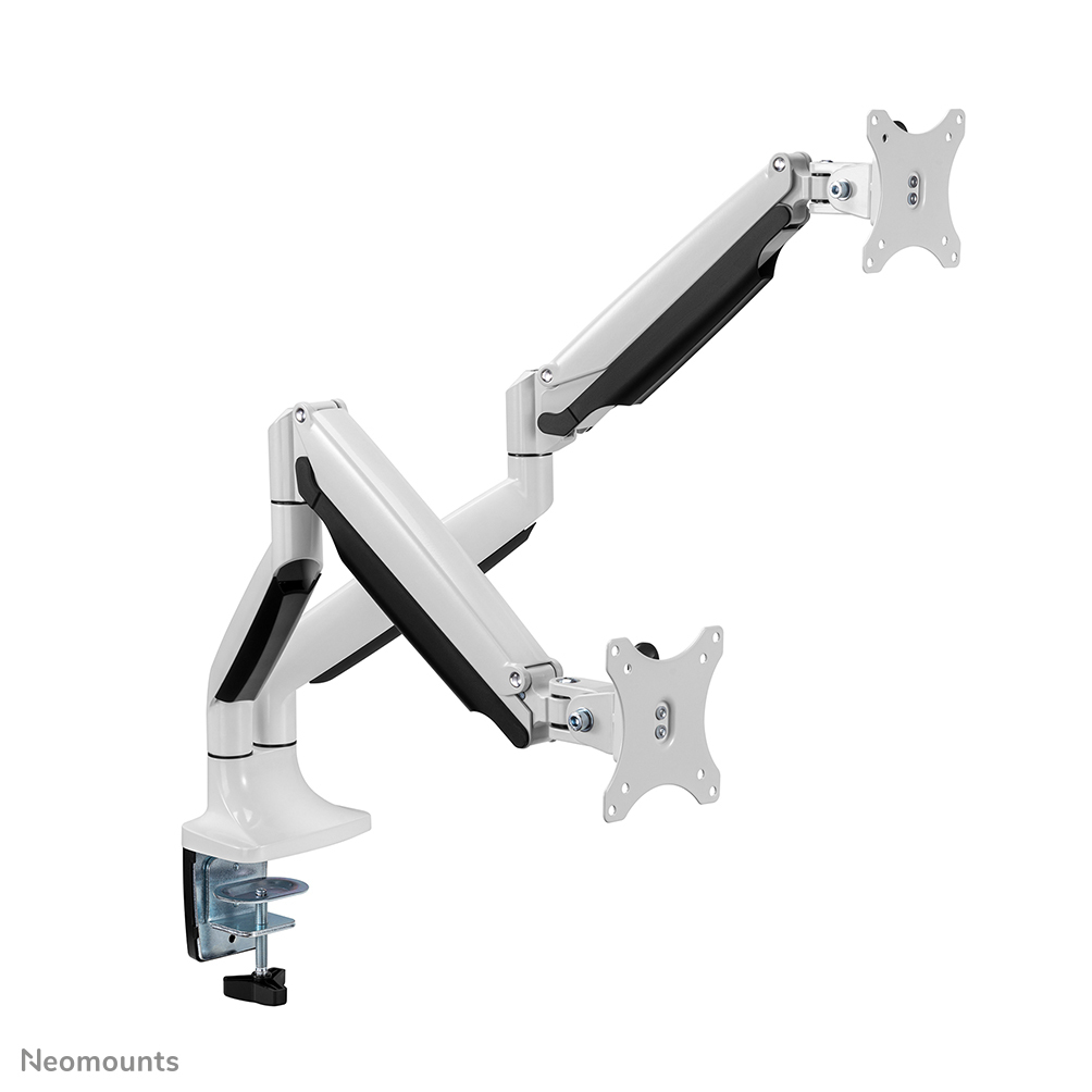 Un bras double moniteur blanc et noir. Il a deux bras avec supports moniteurs et une pince de bureau. Les bras sont réglables.