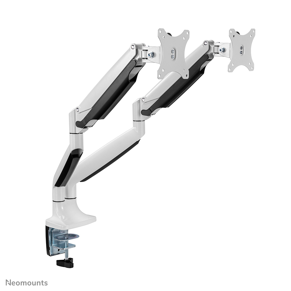 Un bras double blanc et noir pour moniteur. Il possède des articulations réglables et une pince pour montage sur bureau. Le fond est blanc.