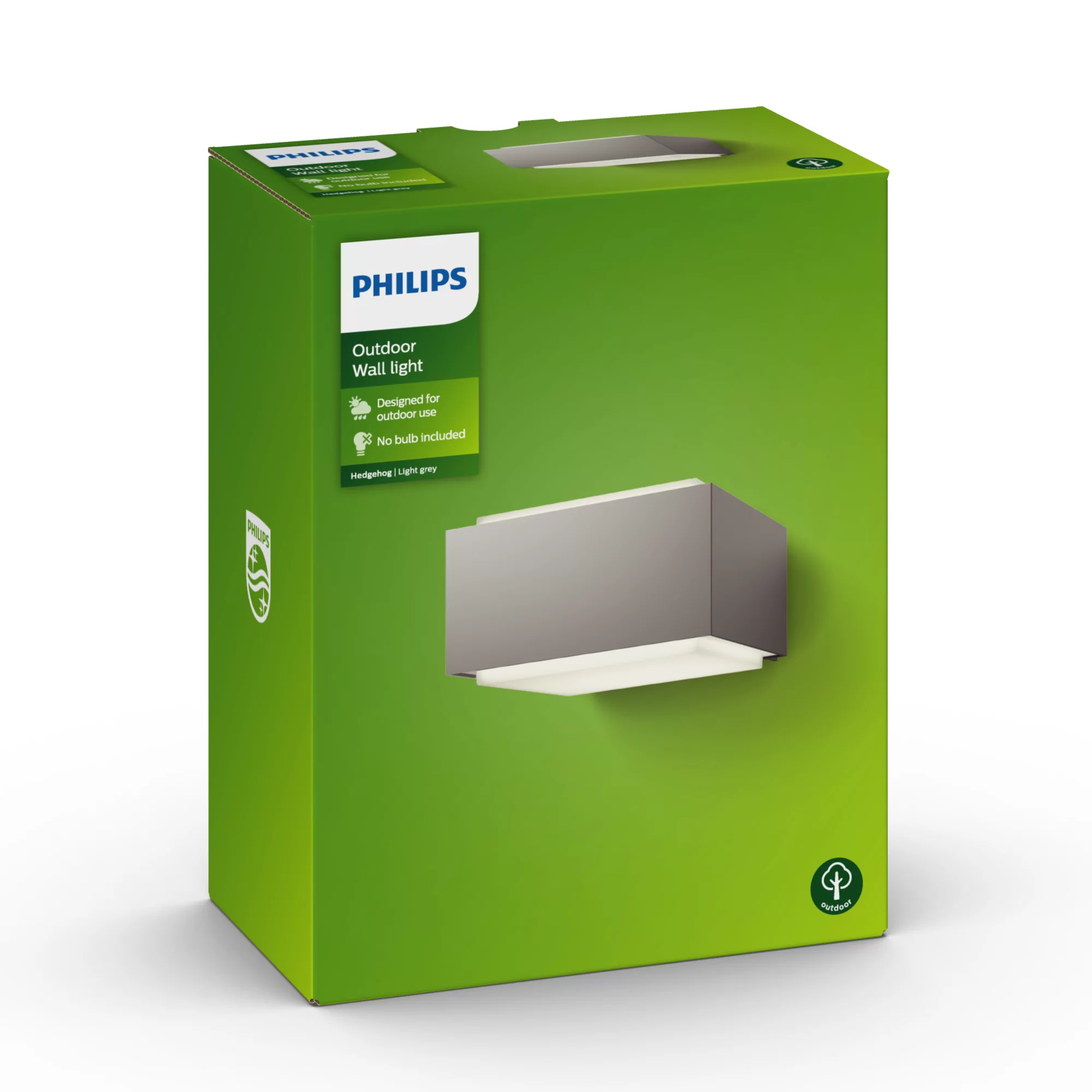 Grüne Box mit Philips-Logo und Produktbild einer Leuchte. Text: 'Outdoor Wandleuchte'.