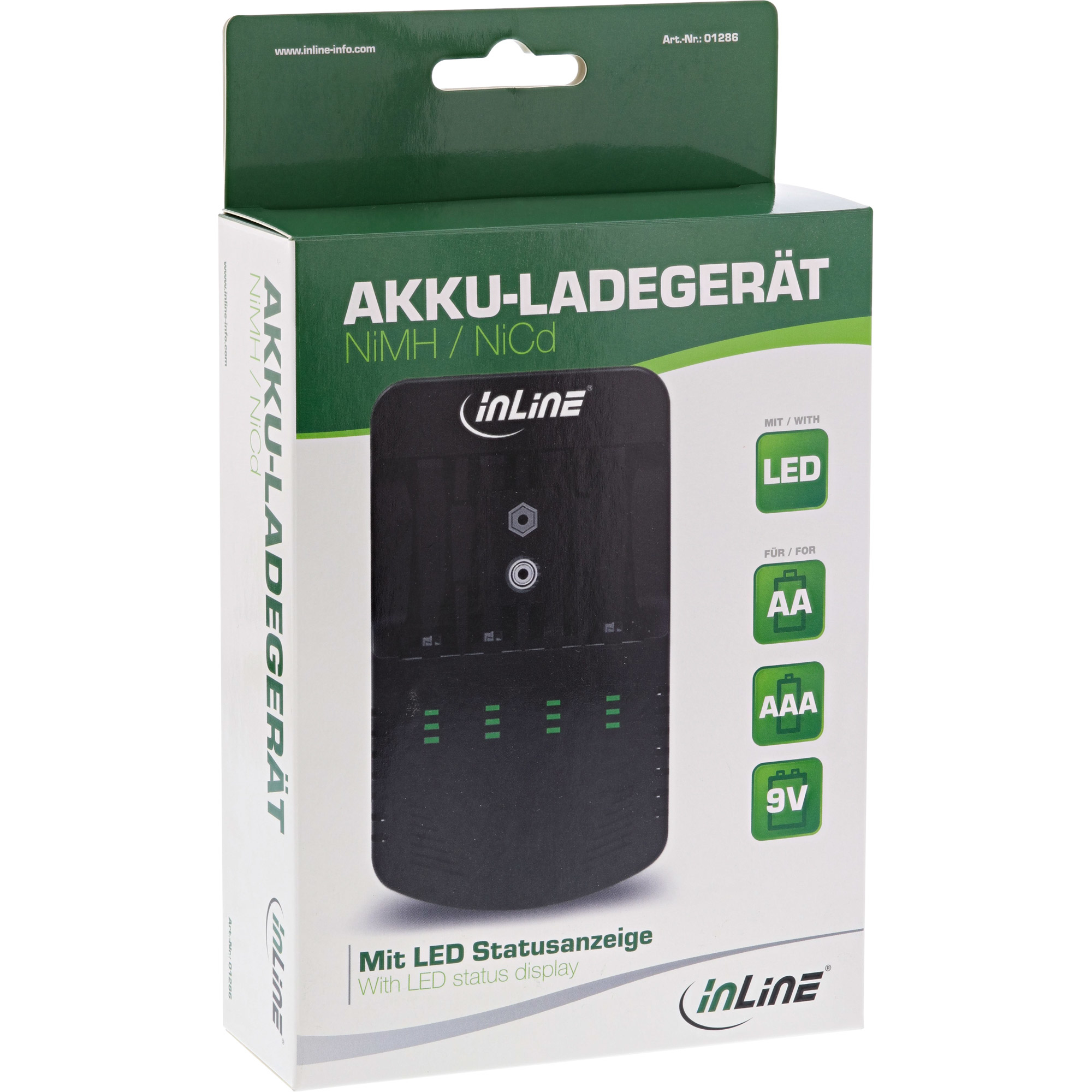 Eine Batterieladebox mit der Aufschrift 'AKKU-LADEGERÄT'. Sie hat ein schwarzes Ladegerät, grüne Akzente und zeigt Batterietypen an.